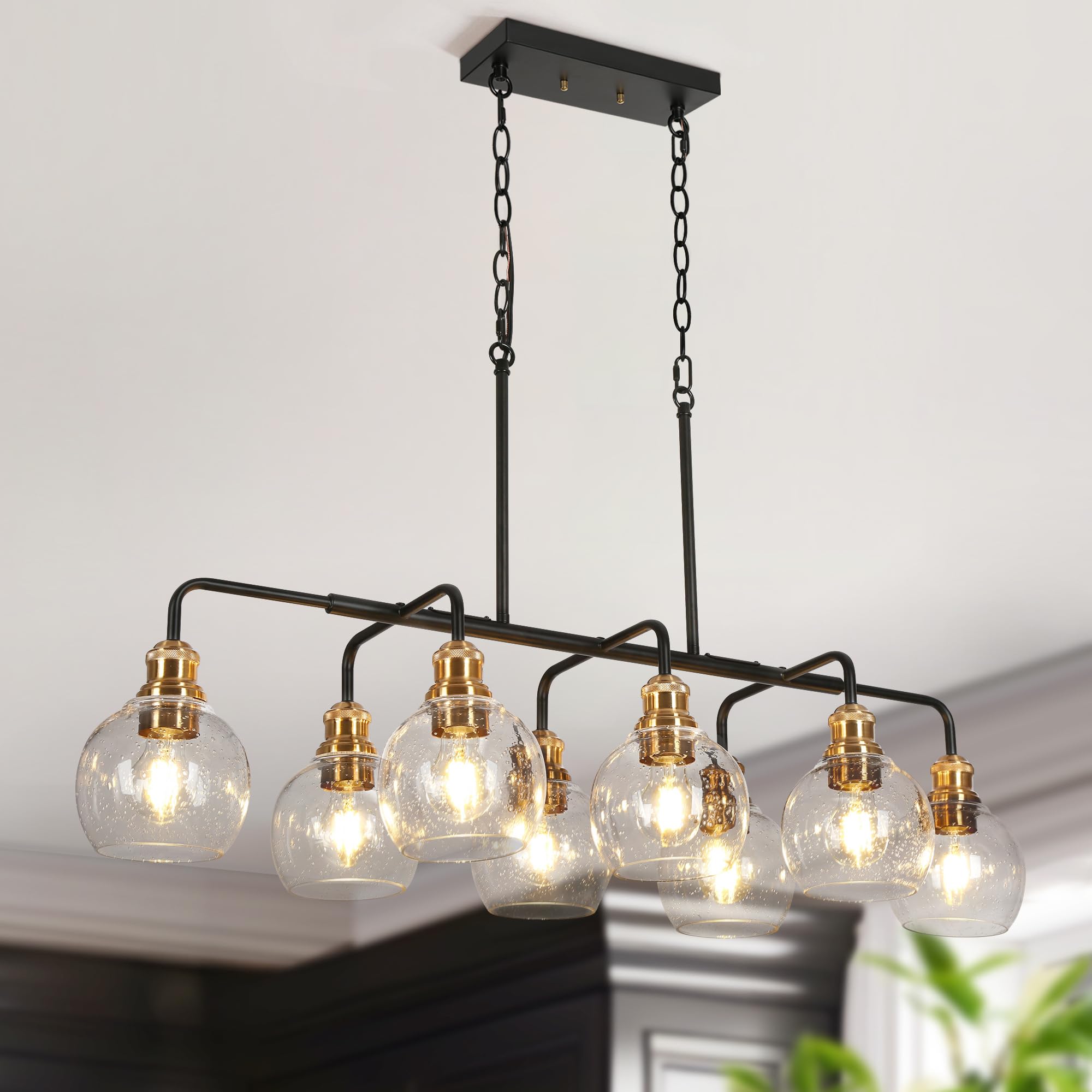 classy leaves Black Gold Rectangular Chandeliers 8-Light Modern Linear Chandelier Large Kitchen Island Lights with Seeded Glass Shade Mid-Century Dining Room Light Fixtures for Kitchen  40 Inches