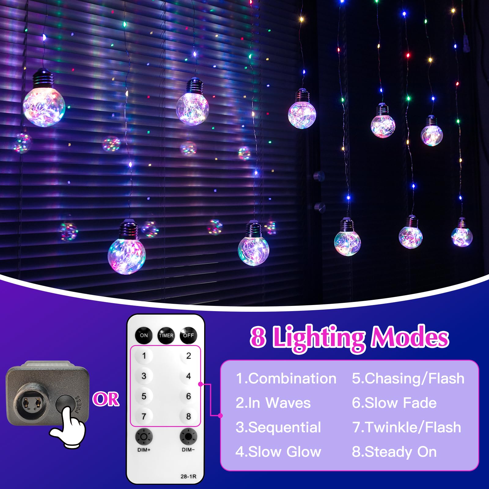 Lithome Wishing Ball Curtain Lights 240 Led Window Curtain String Lights With Remote, 8 Modes Plug In Twinkle Globe Lights, Wate