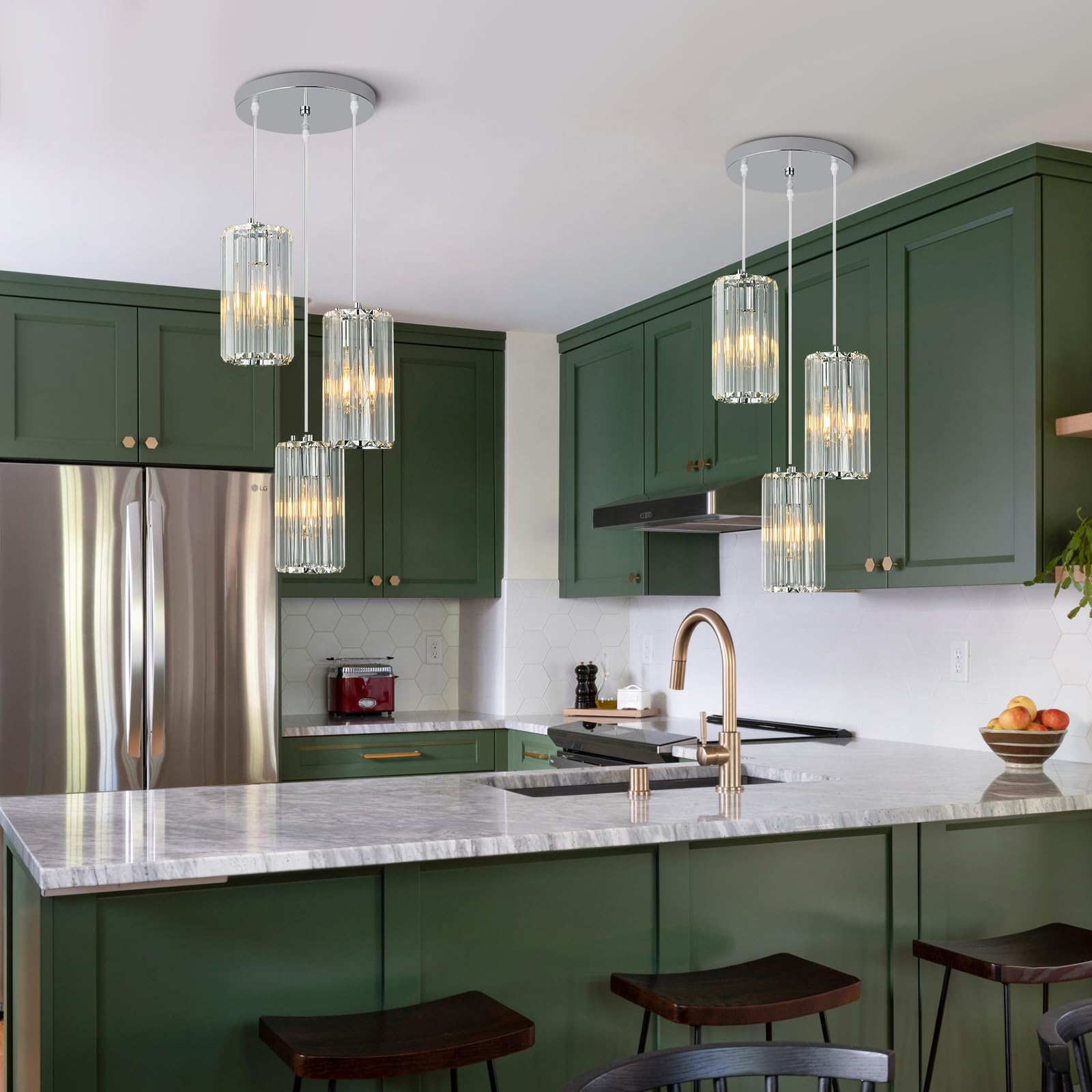 Zhllmq Chrome Pendant Lighting Modern Pendant Light  Mini Crystal Chandeliers Adjustable Pendant Light Fixture For Kitchen Island Dinning Room Corridor Bedroom(Gold 3-Light)