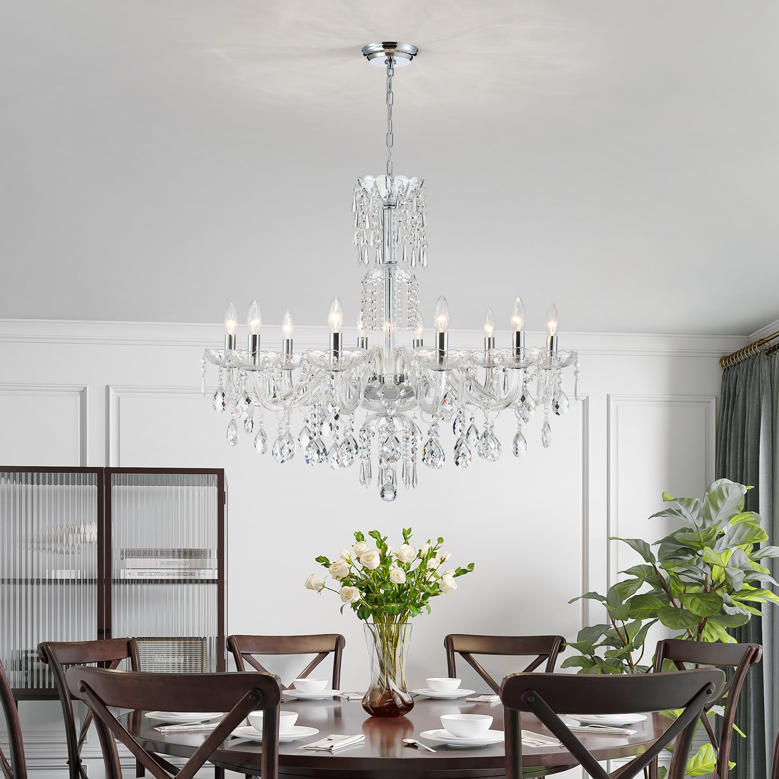 Wuzups 10-Light Crystal Candle Chandelier Pendant Ceiling Light Modern Lighting Fixture For Bedroom Hallway Bar Kitchen Bathroom  H 26.7 W 33.9  E12 Base  Chrome