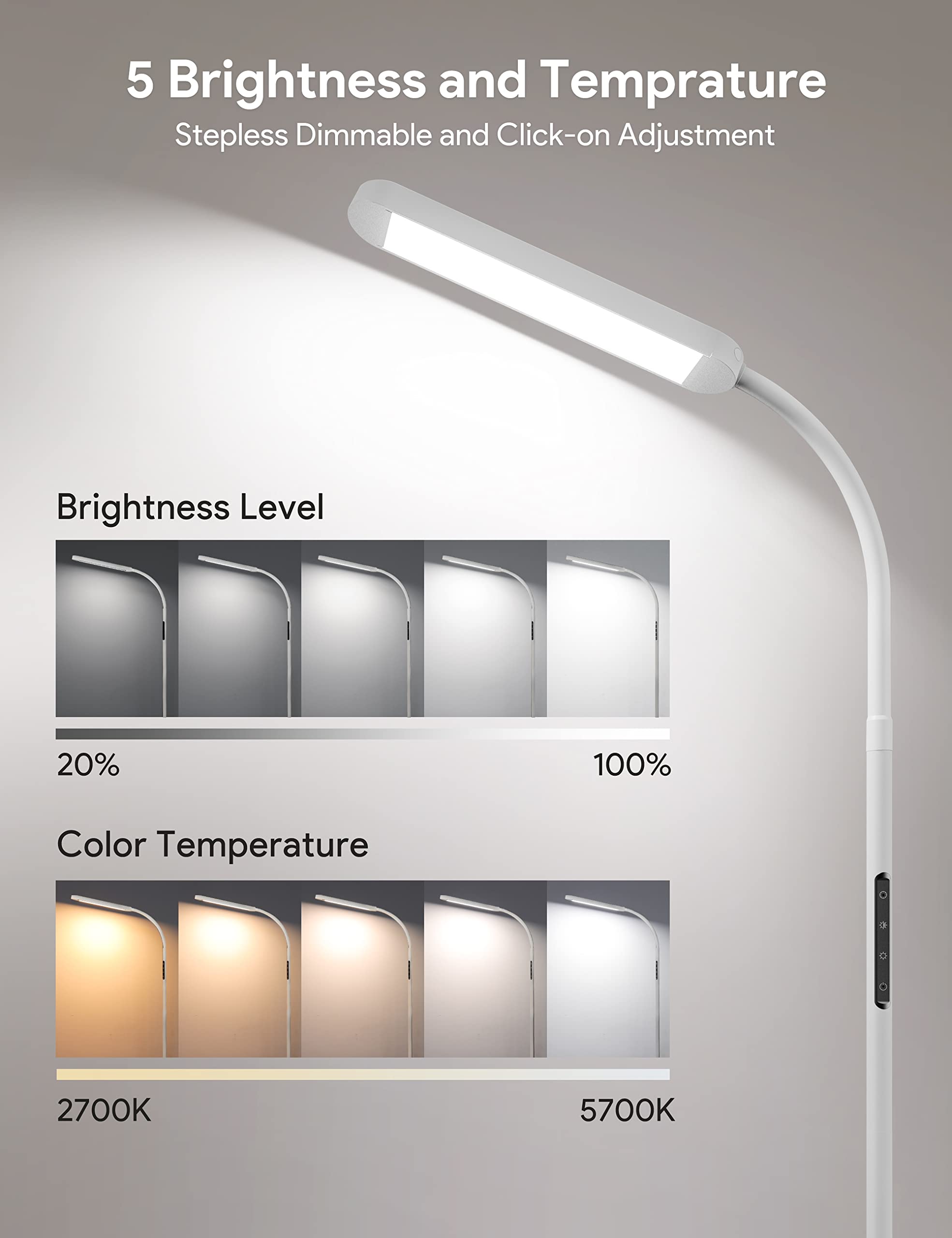 MediAcous LED Floor Lamp with Remote, 5 Colors & Brightness, Gooseneck, White, Model ME-FL01