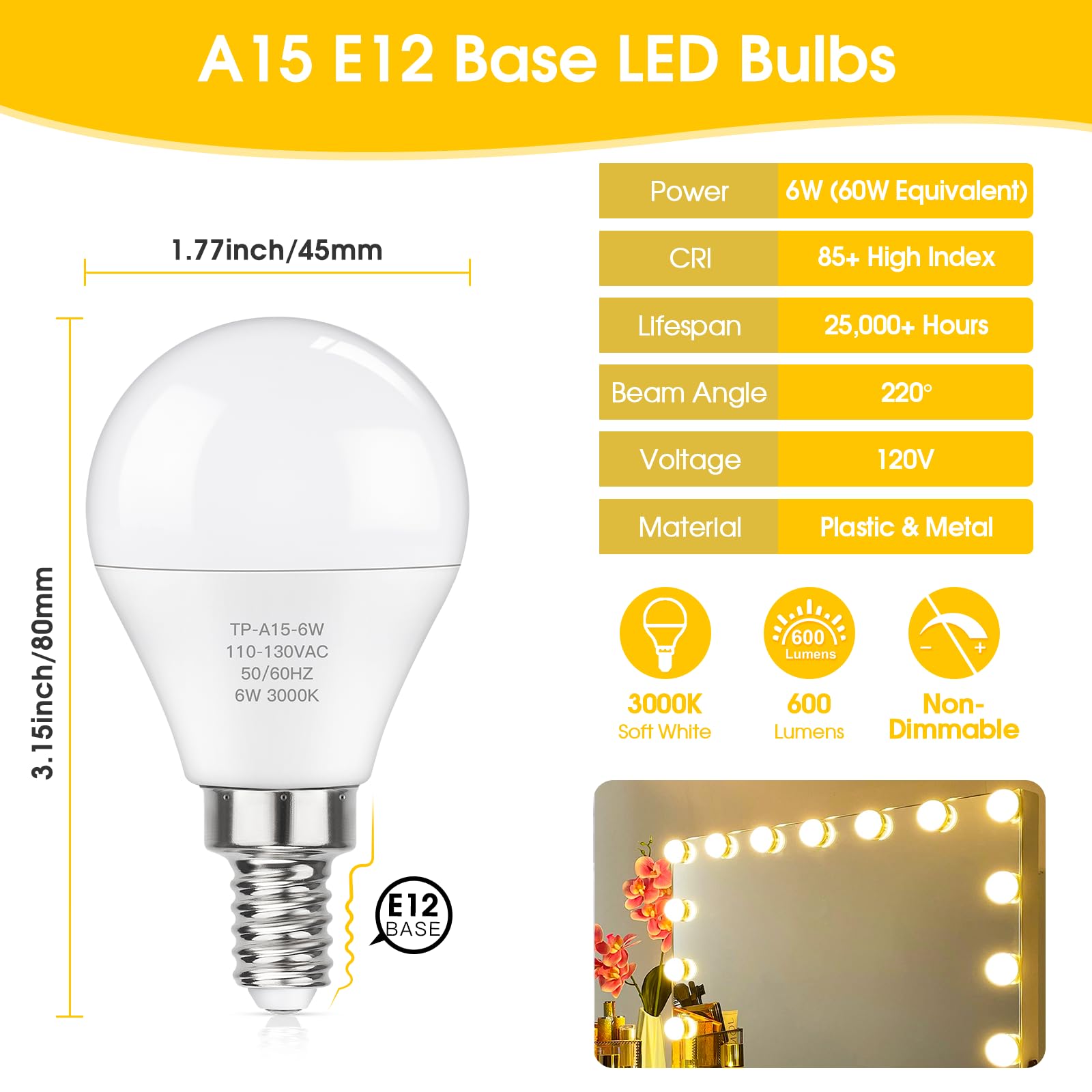 Maxvolador E12 Led 60W Equivalent Soft White 3000K Ceiling Fan Bulbs, 600Lm Cri 85+ Small Base Candelabra Bulbs, 6W Non-Dimmable, Pack Of 6