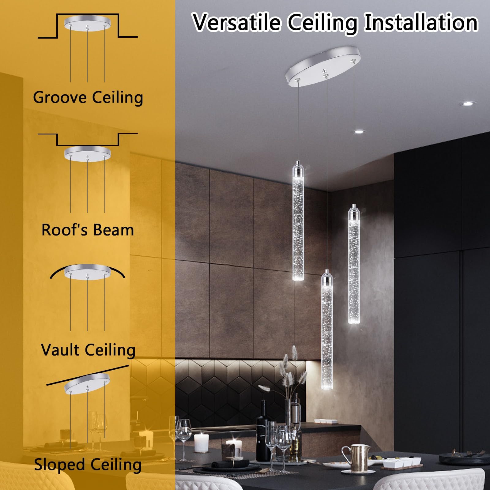 Dolria Mini Chandelier LED Pendant Light, 3 Lights, Silver, Model PC0008 for Kitchen & Dining Room