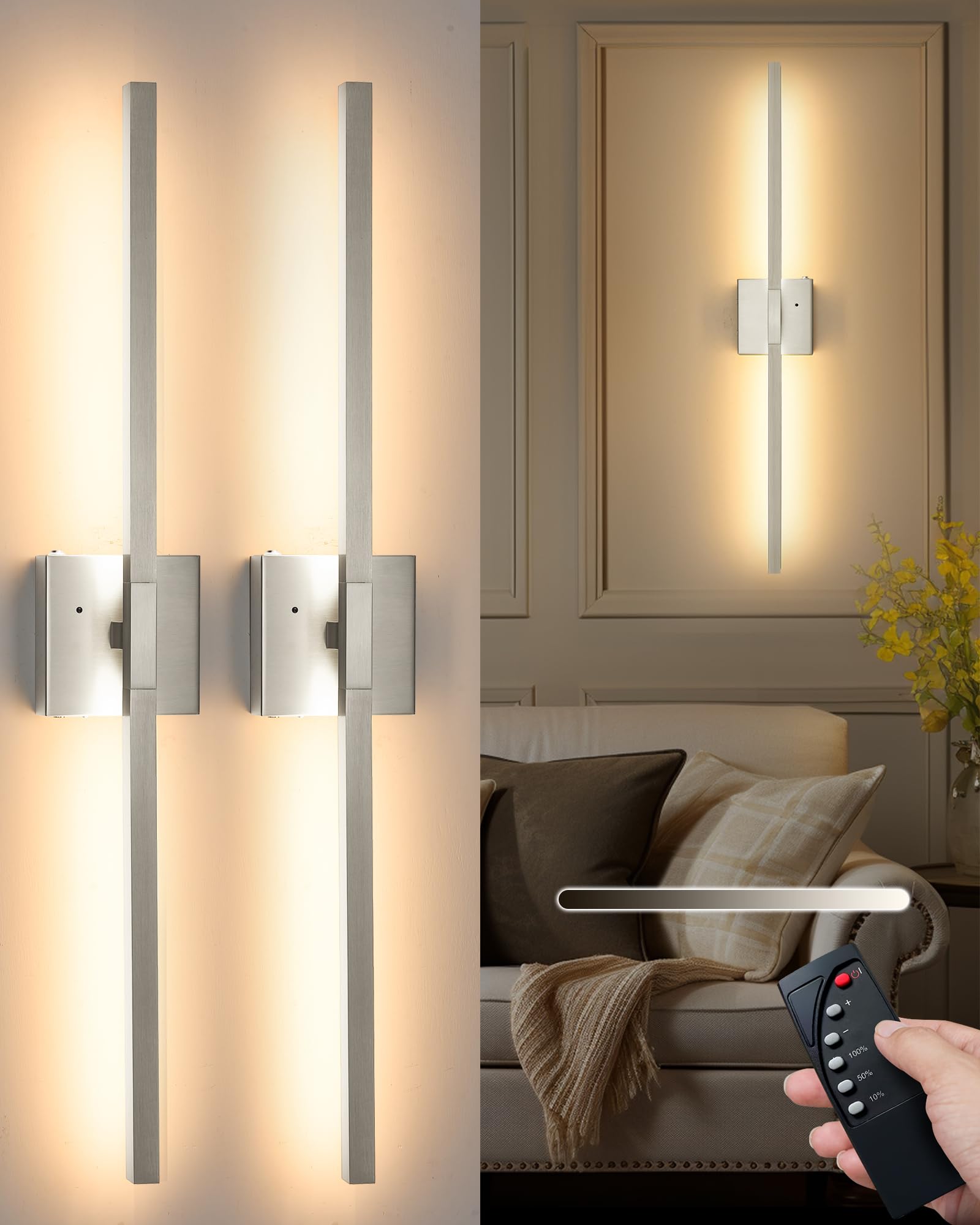 Battery Operated Wall Sconce Set Of 2, Wireless Rechargeable Wall Sconces With Remote Control, 3000K/4500K/6000K Dimmable Modern
