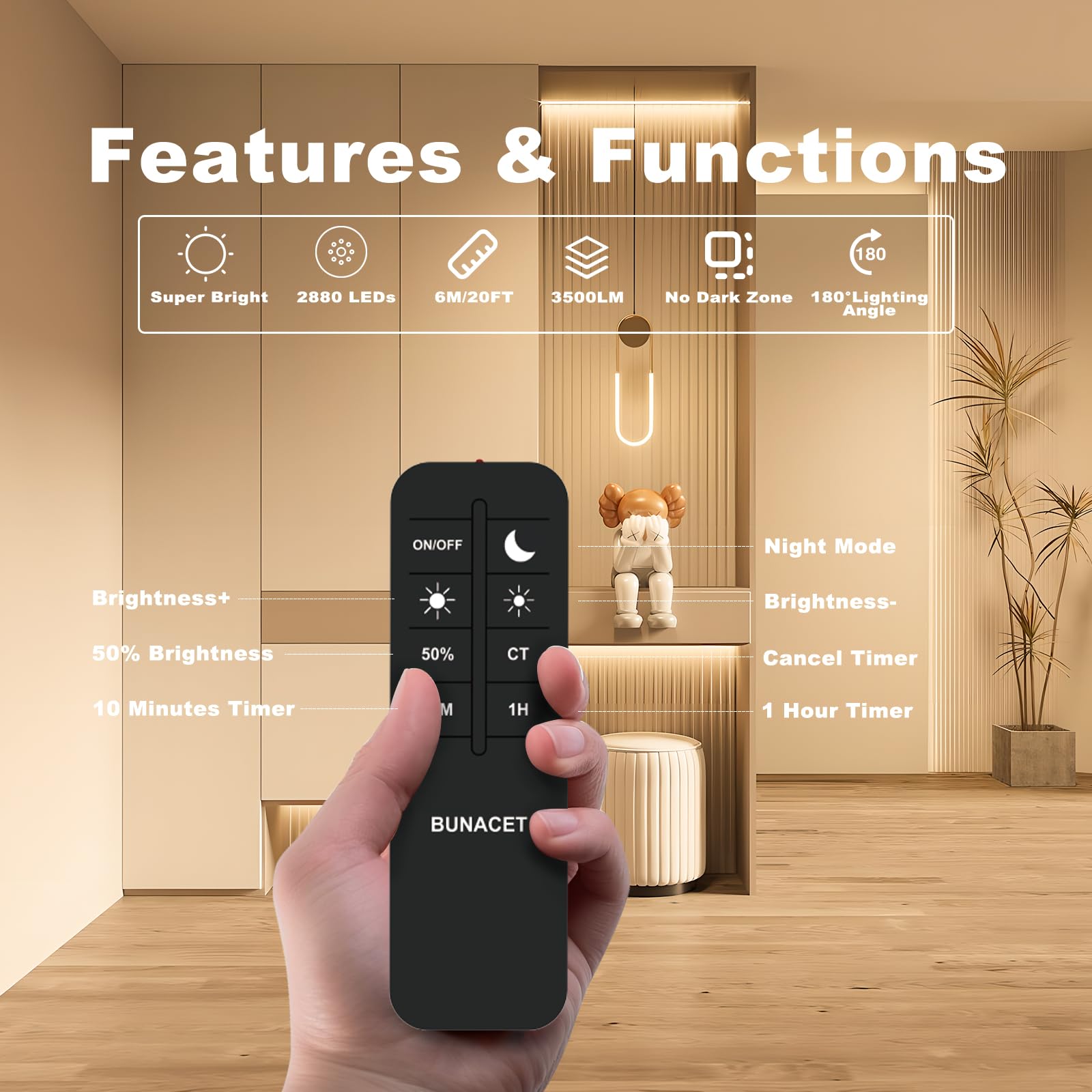 BUNACET COB LED Strip Lights 20ft, 2880 LEDs, 3000K Warm White, Dimmable Aluminum Tape for Bedroom & Kitchen Lighting