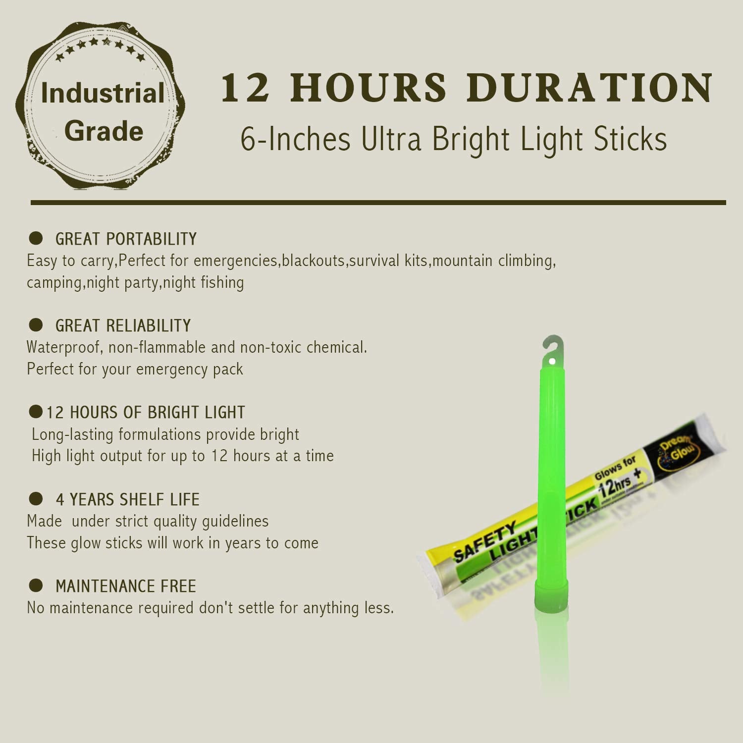 Dream Glow 12 Industrial Grade Glow Sticks, 6 Ultra Bright Emergency Light, Green, Lasts 12+ Hours, Perfect For Camping & Survival Kits