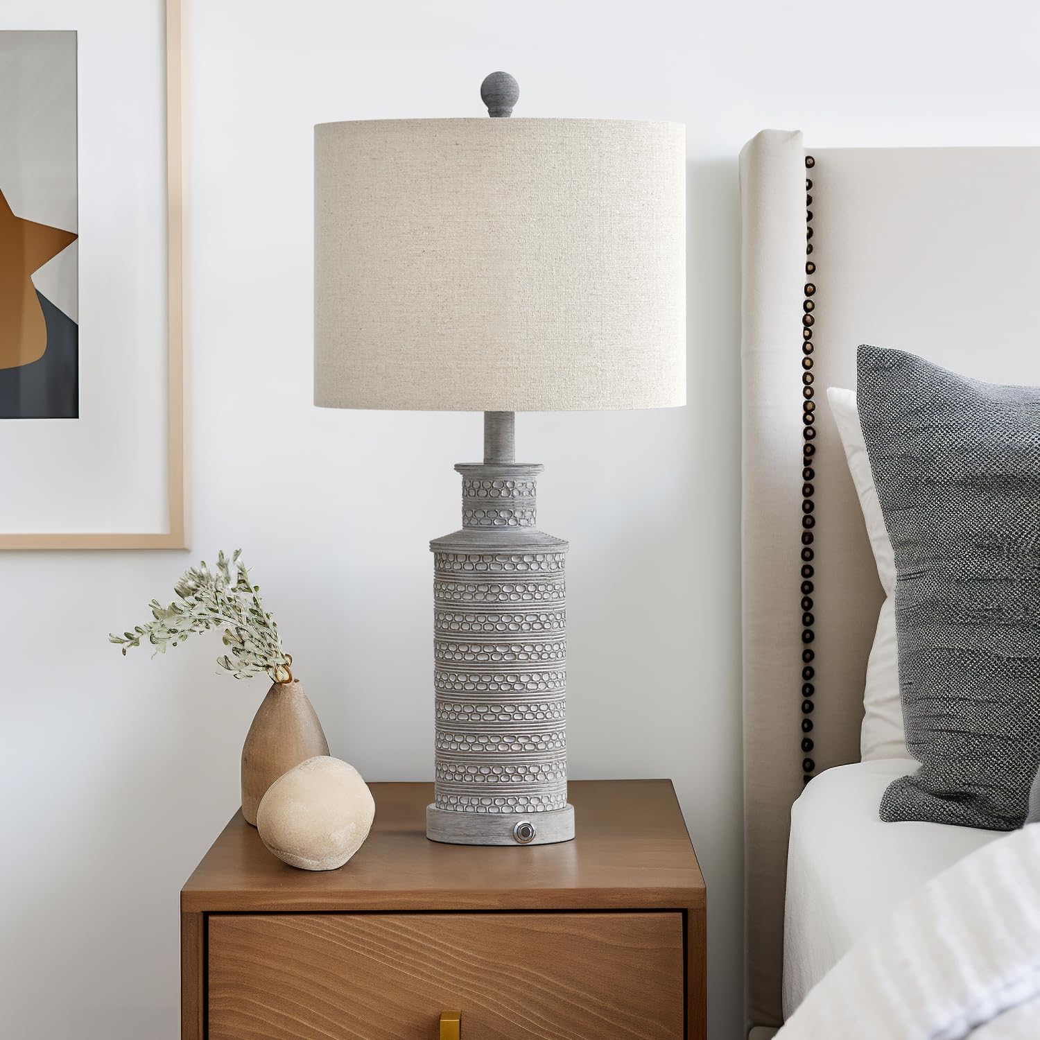 BOBOMOMO Touch Control Table Lamp - 3-Way Dimmable, Dual USB Ports, Vintage Rustic Design, Gray, Model AMZ-T1059FC-TU-1, 1
