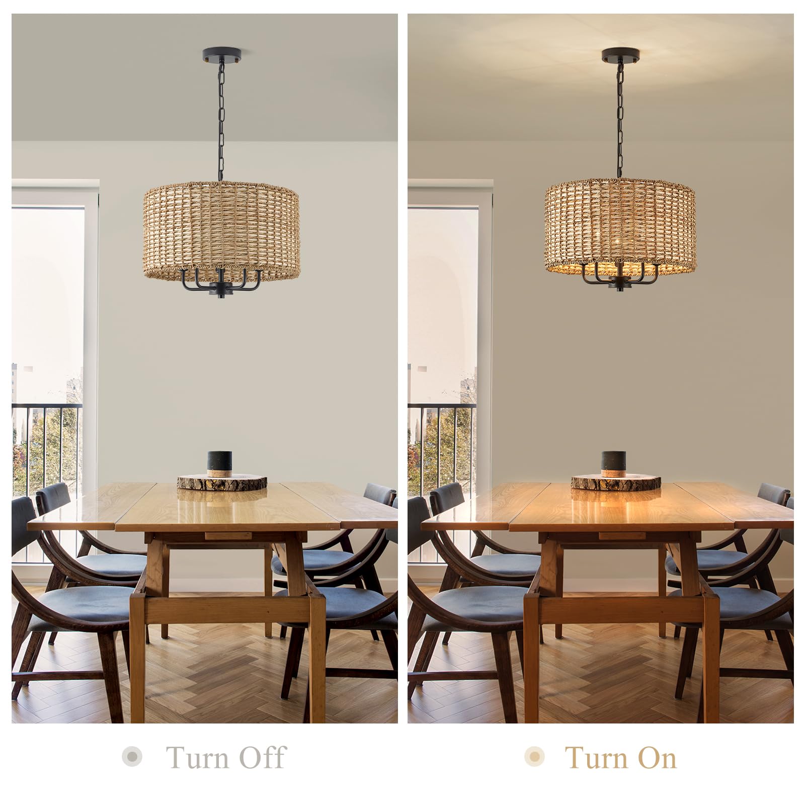 HLMRCHEN 5-Light Rattan Chandelier, 18" Boho Drum Shade, Ceiling Light Fixture for Kitchen, Entryway, Hallway - Model AM-0171-5H