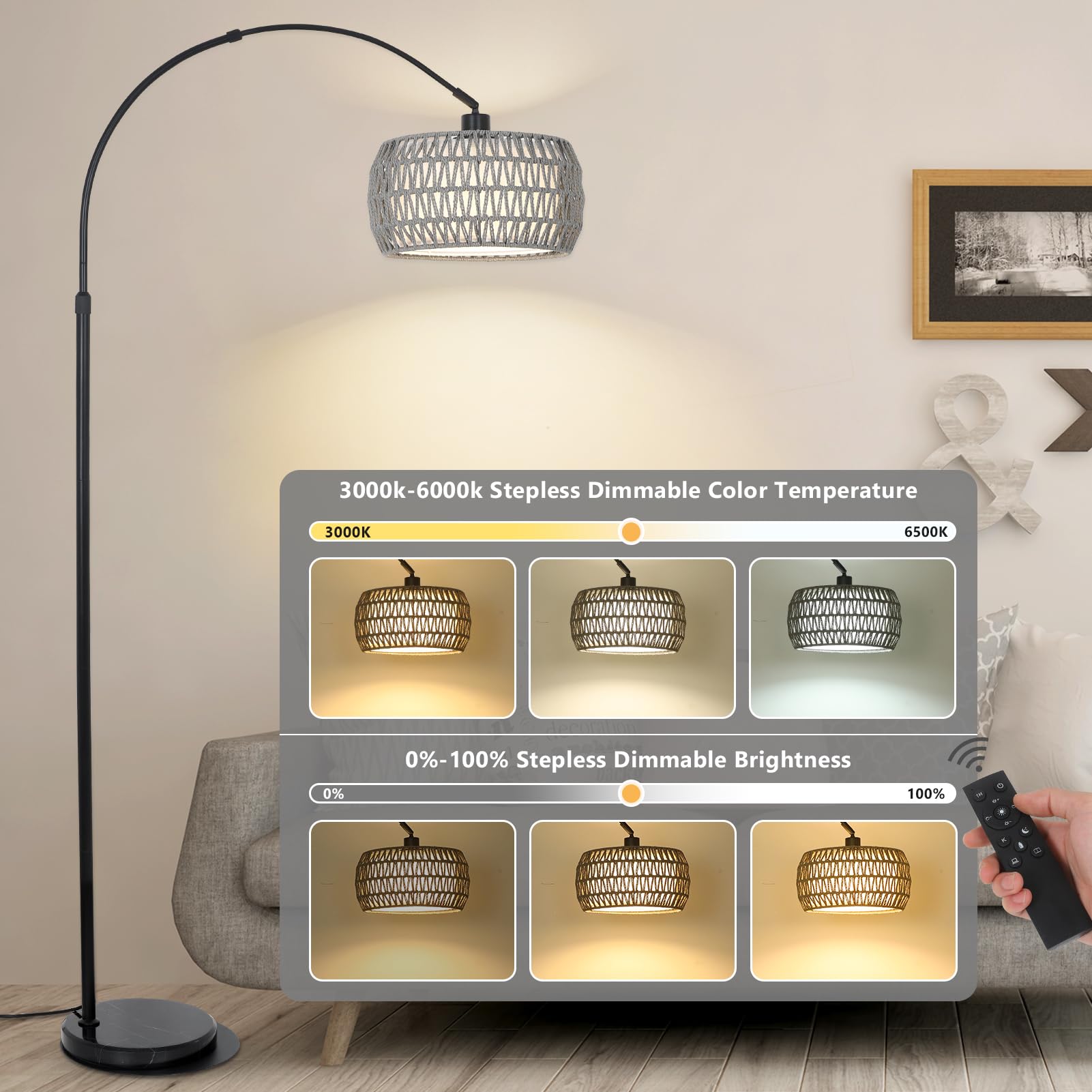 Arc Standing Lamp, Boho Floor Lamps For Living Room With Remote And Led Dimming Bulb, Rattan Tall Lamp For Bedroom With 3 Color