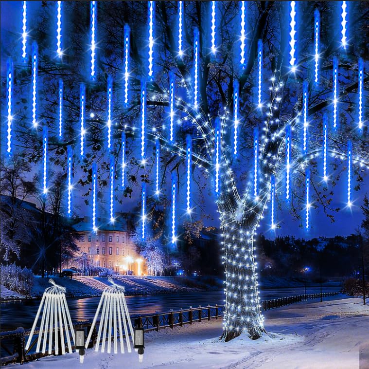 2-Pack Extendable Meteor Shower Christmas Lights Outdoor  16 Tubes 384 Leds Waterproof Falling Rain String Lights  Christmas String Lights Outdoor For Tree Garden Patio Holiday Decorations (Blue)