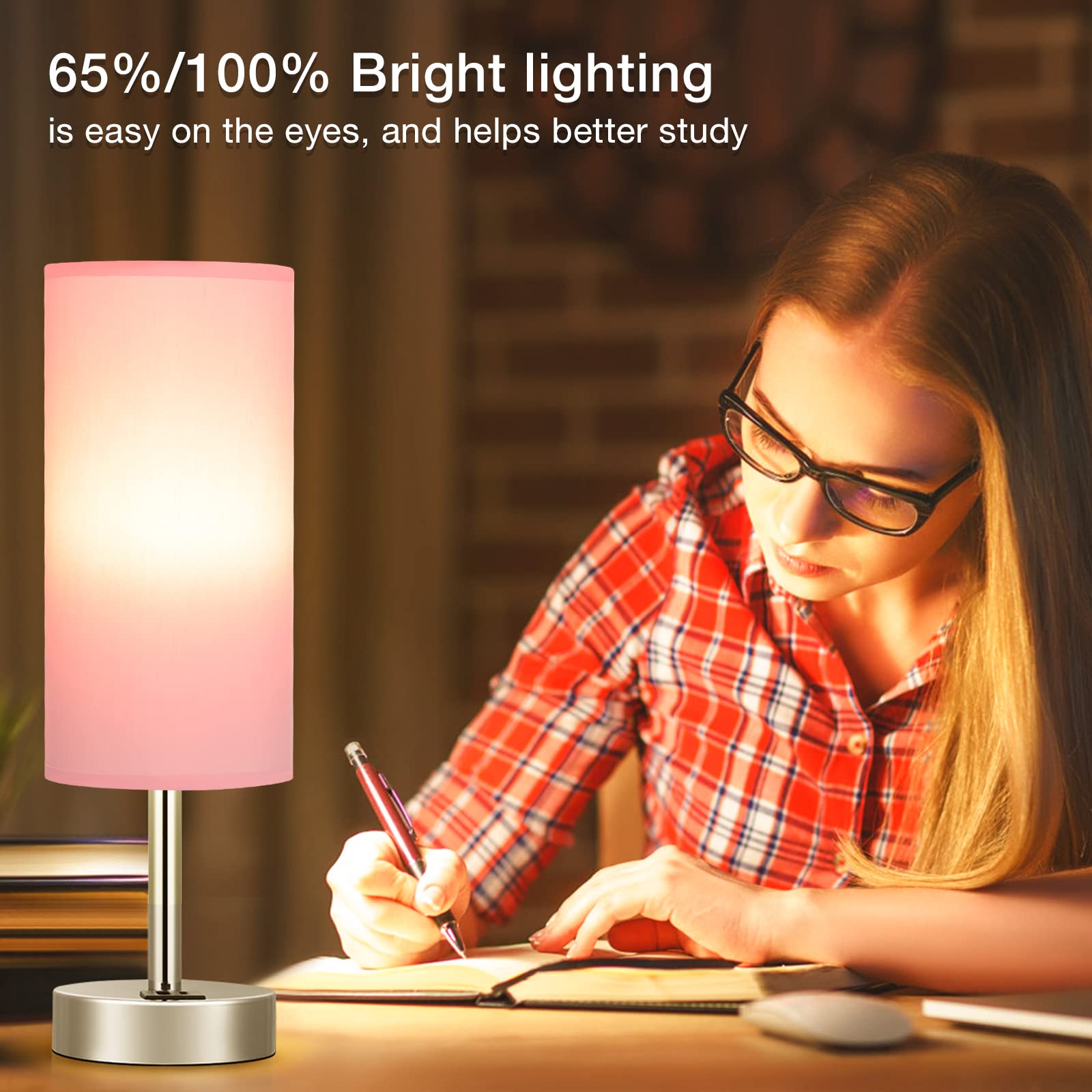 Pink Touch Nightstand Lamps For Girl - Small Desk Bedside Lamp With Usb-C And Usb Charging Ports, 3 Way Dimmable Control Table L