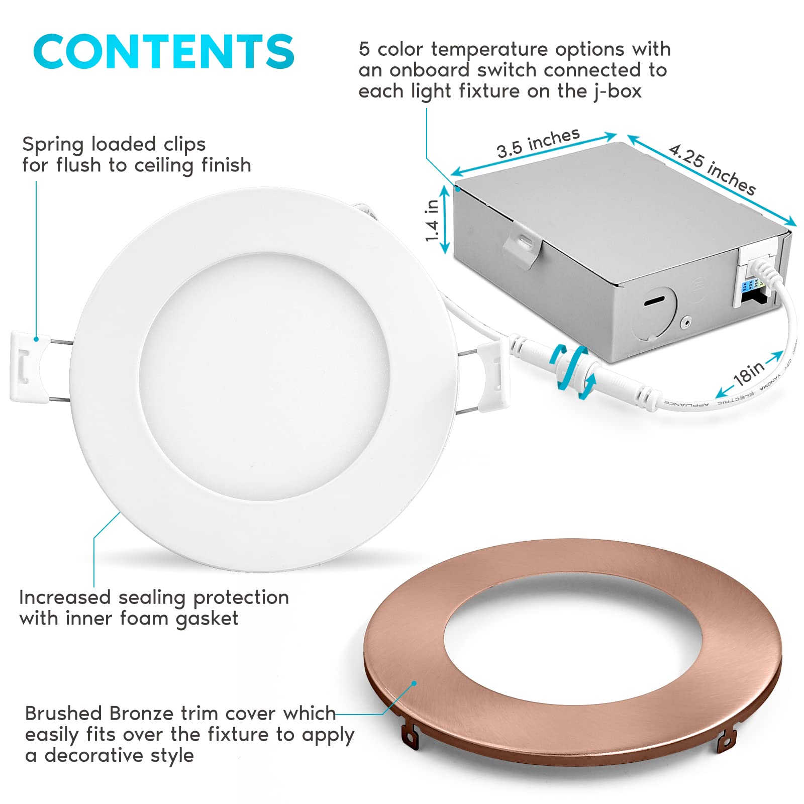 LUXRITE 4 Inch Ultra Thin LED Recessed Light, 10W, Dimmable, 750 Lumens, Copper Trim, Energy Star, Model LR23756/LR237