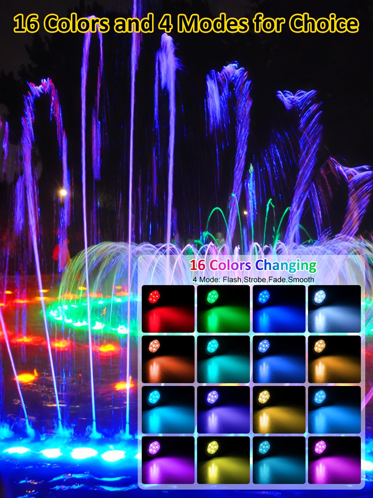 T-SUN Colored Pond Lights, Submersible LED Fountain Light Set of 3, IP68 Waterproof, Multicolor, Model TS-F2220-3H-RGB-US