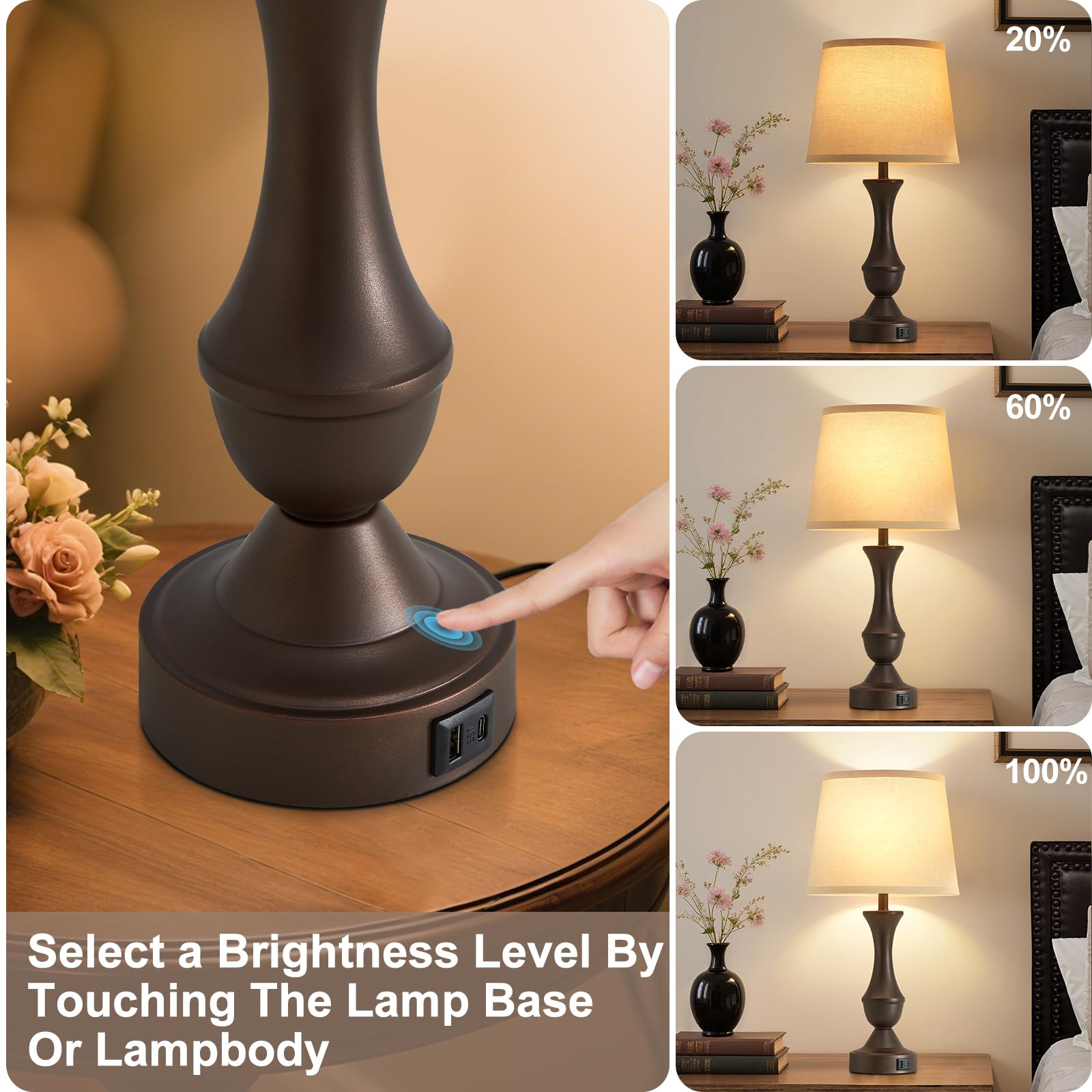 Luvkczc 22in Vintage Brown Table Lamp Set of 2 - 3-Way Dimmable, USB Ports, Beige Shade, Model 73008N