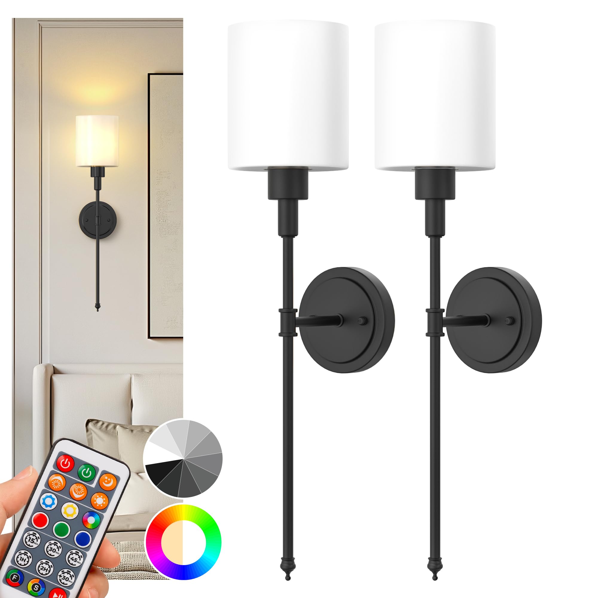 DORESshop Battery Operated Wall Sconce Set of 2, Metal, 24.3in, Black and Milky White Glass Shade