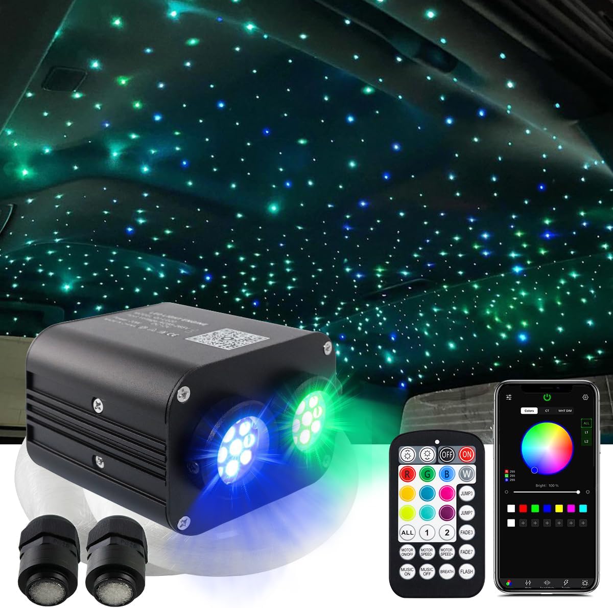 AMKI Dual Color 20W Fiber Optic Star Ceiling Light Kit, 670pcs, 9.8ft, Black, Model QJ-L020, Sound Activated, APP/Remote Control