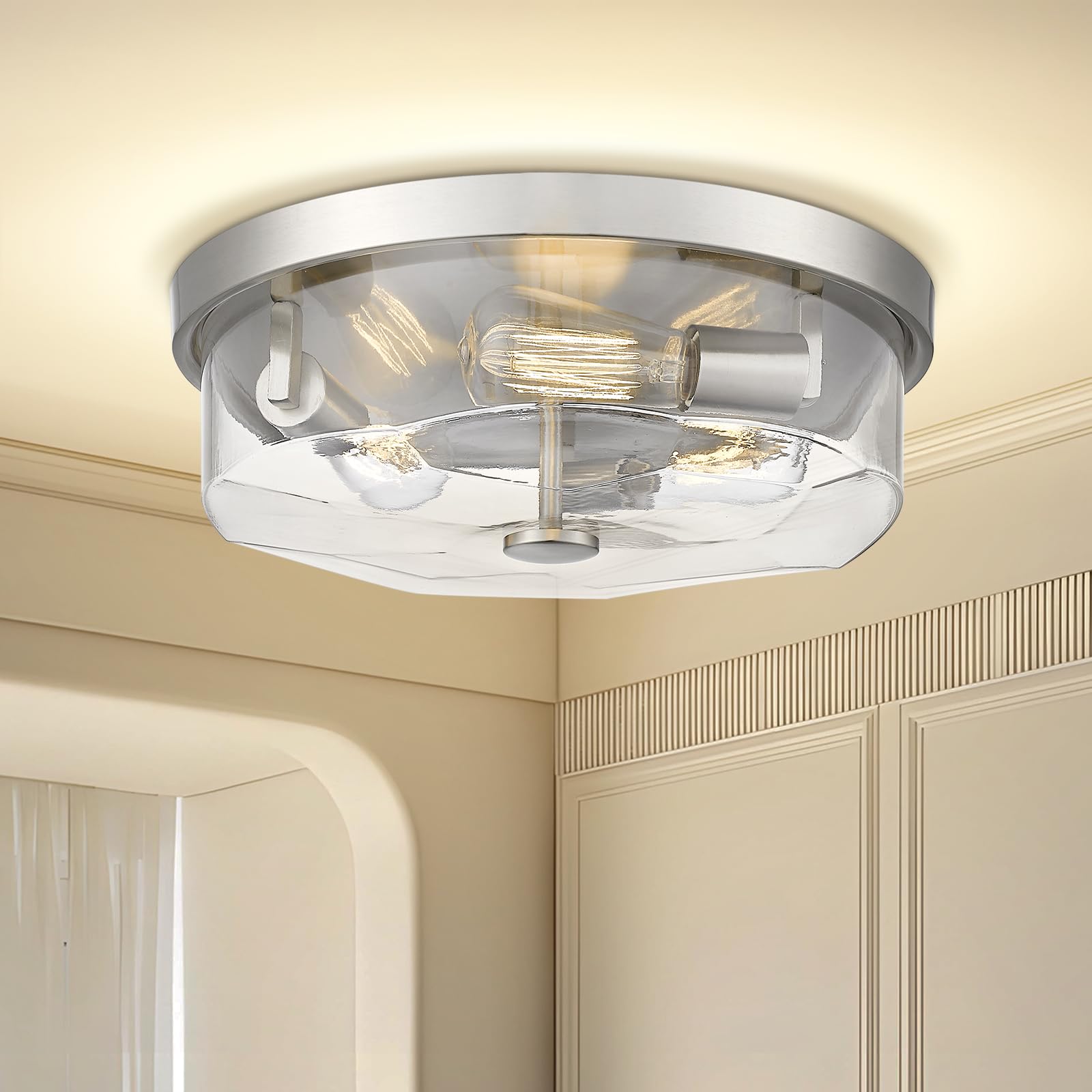 Luminzone 3-Light Brushed Nickel Flush Mount Ceiling Light, Modern Farmhouse Design, Clear Glass for Kitchen, Porch, Entryway