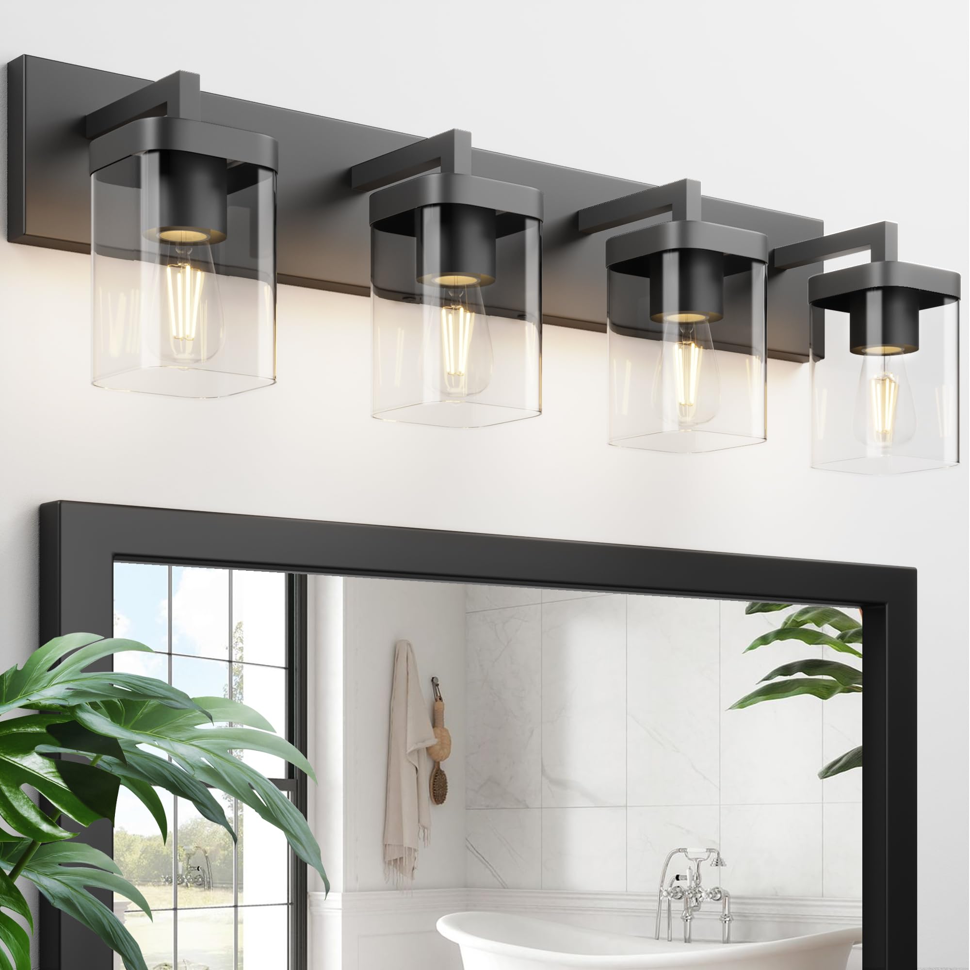 Danshinro Bathroom Vanity Light, 4-Light Square Design, Iron, Black Finish
