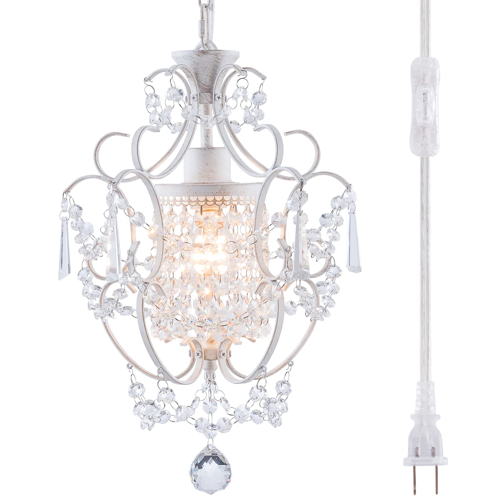 FLSFU Plug in Chandelier Mini Crystal Chandelier White Retro Small Chandeliers Ceiling Light for Girls Bedroom,Farmhouse Plug in
