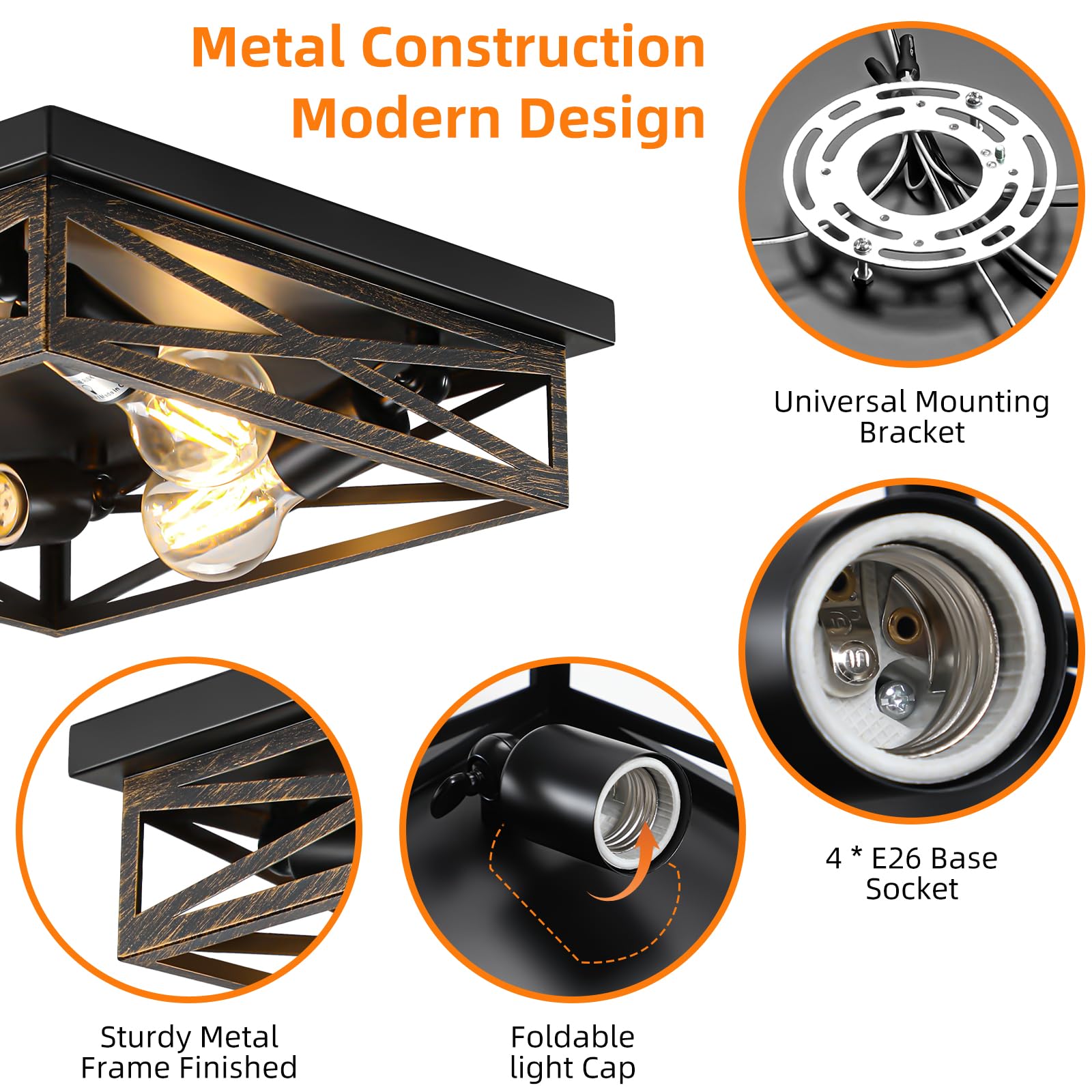 Dikaida Farmhouse Rustic Ceiling Light For Kitchen, 4-Light Hallway Flush Mount Light Fixtures Ceiling Mount, Industrial Metal C