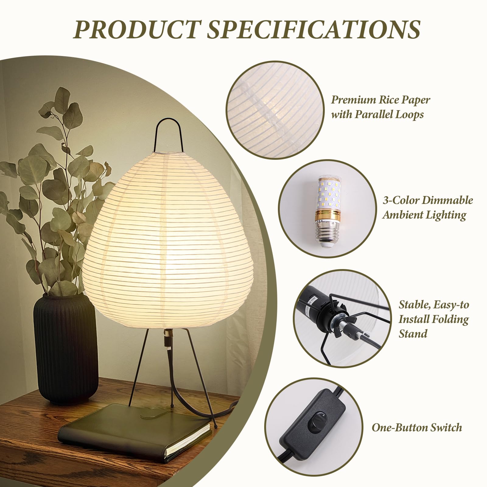 Jdvads Noguchi Paper Lamp - Akari Floor Lamp, White Rice Paper, 19"D x 16"H, Ideal for Bedside & Living Room Décor