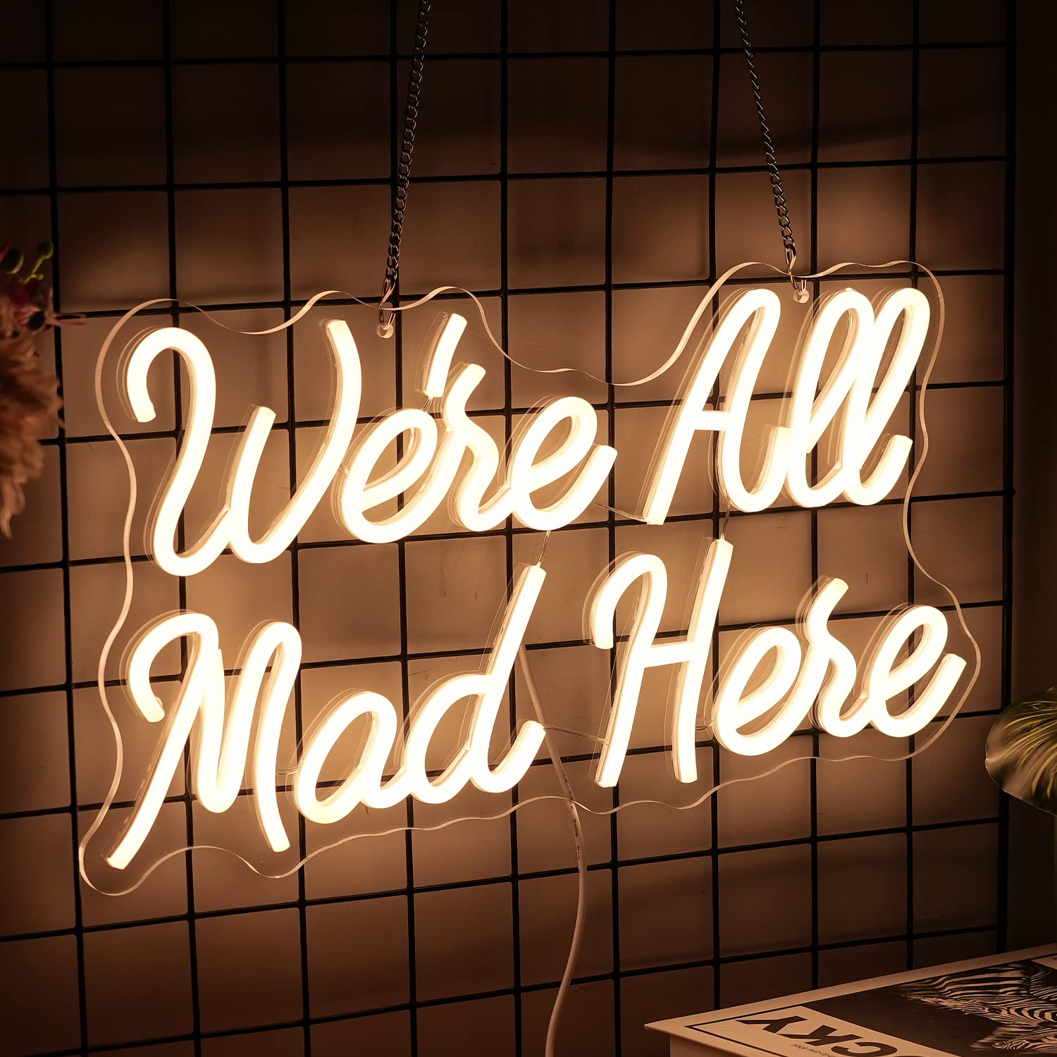 LISIGNVE LED Neon Sign - We Are All Mad Here, Dimmable, USB Powered, 16.5inx9.4in, Warm White, Decorative Light for Home and Parties