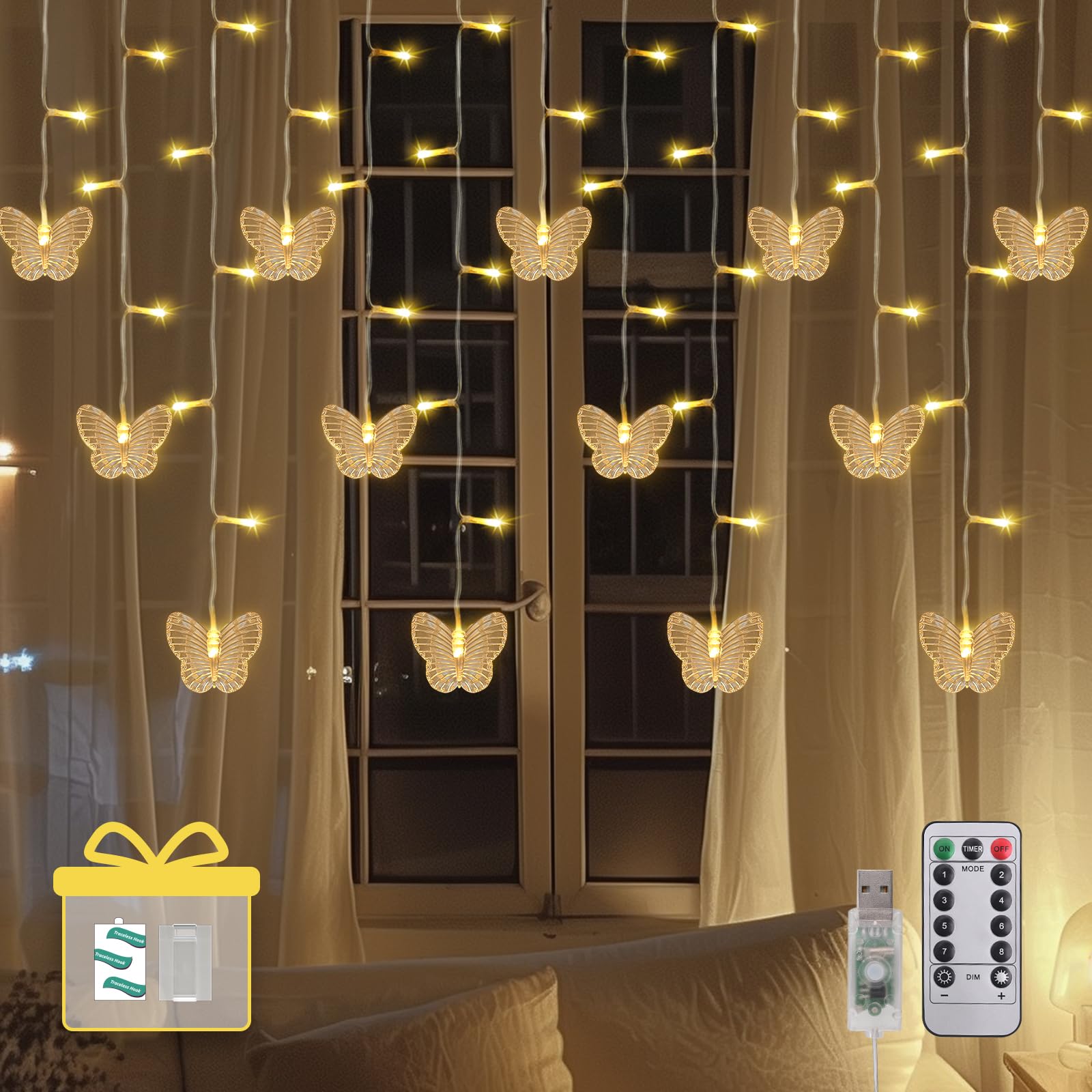 Dailyart Butterfly String Lights, 98 LED 15.9FT Butterfly Curtain Lights 8 Modes USB Power with Remote Control Butterfly Decorations for Bedroom, Room, Wall, Party, Ceiling, Wedding, Christmas