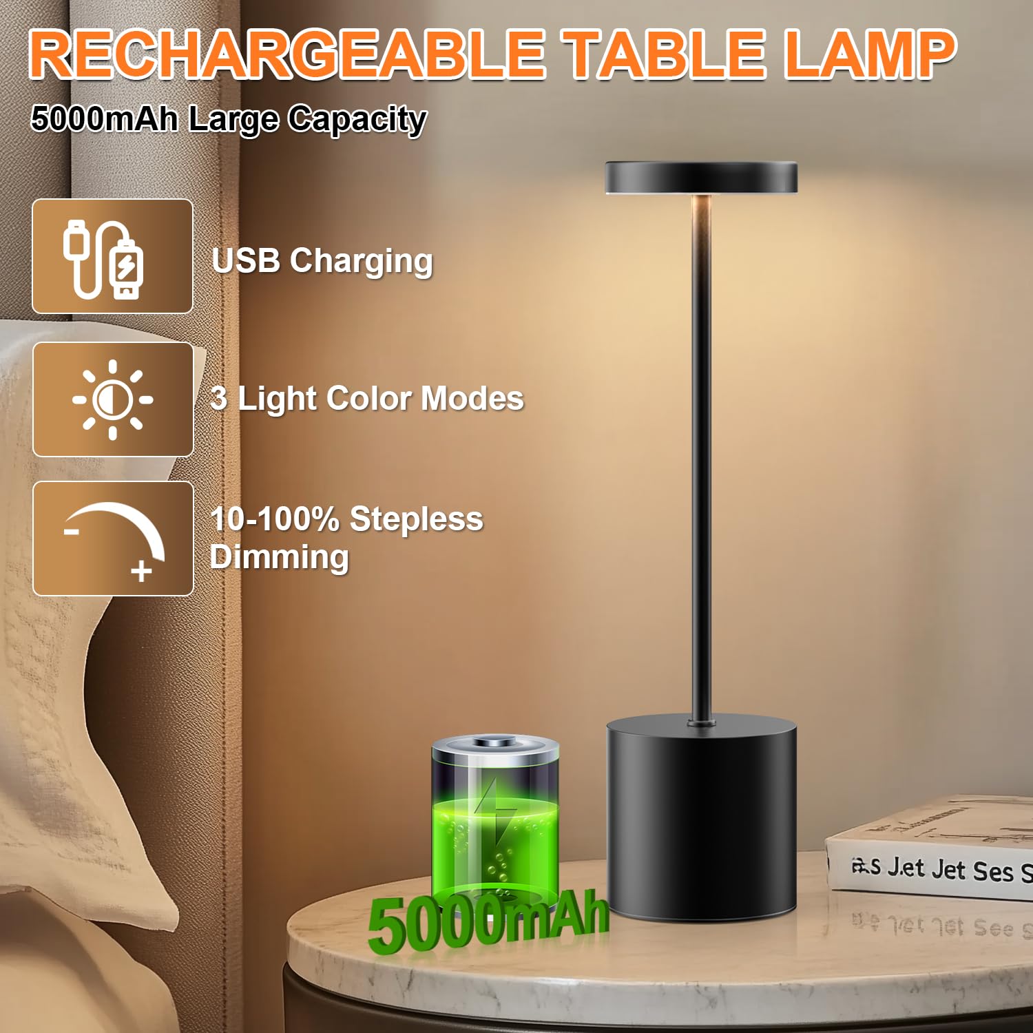 AUDLES Cordless Table Lamp - 2 Pack, 5000mAh Battery, 3-Color Dimmable Light, Small Cylindrical, Black