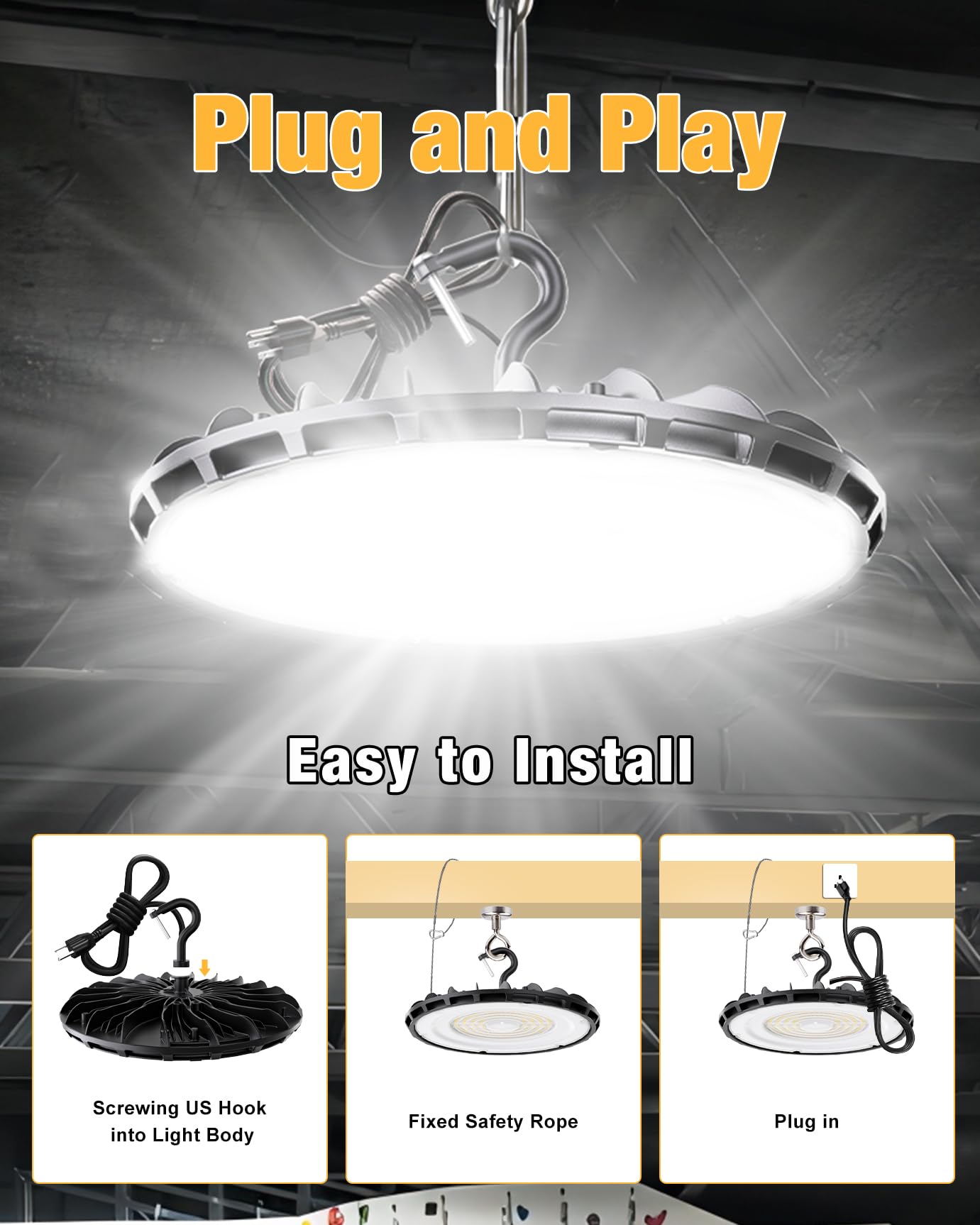 JC-LGL 150W UFO LED High Bay Light - 10 Pack, 5000K, Waterproof, UL Listed, Black, Aluminum for Warehouse and Shop