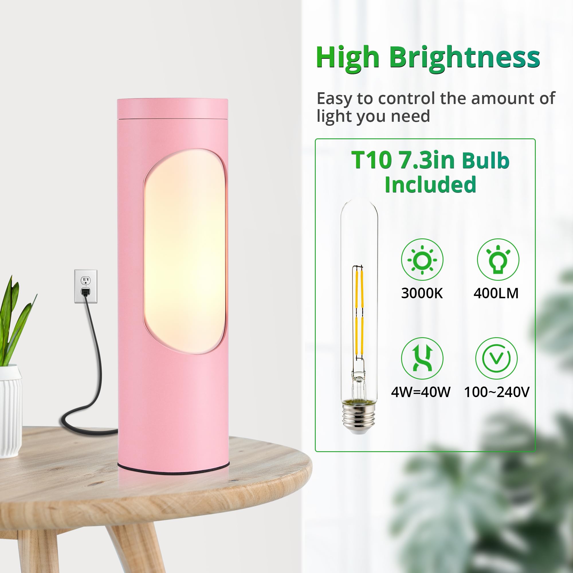 Lediary Pink Shabbos Lamp, 10.5 Table Lamp & Nightlight, Aluminum, T10 Bulb Included, 400Lm, 3000K