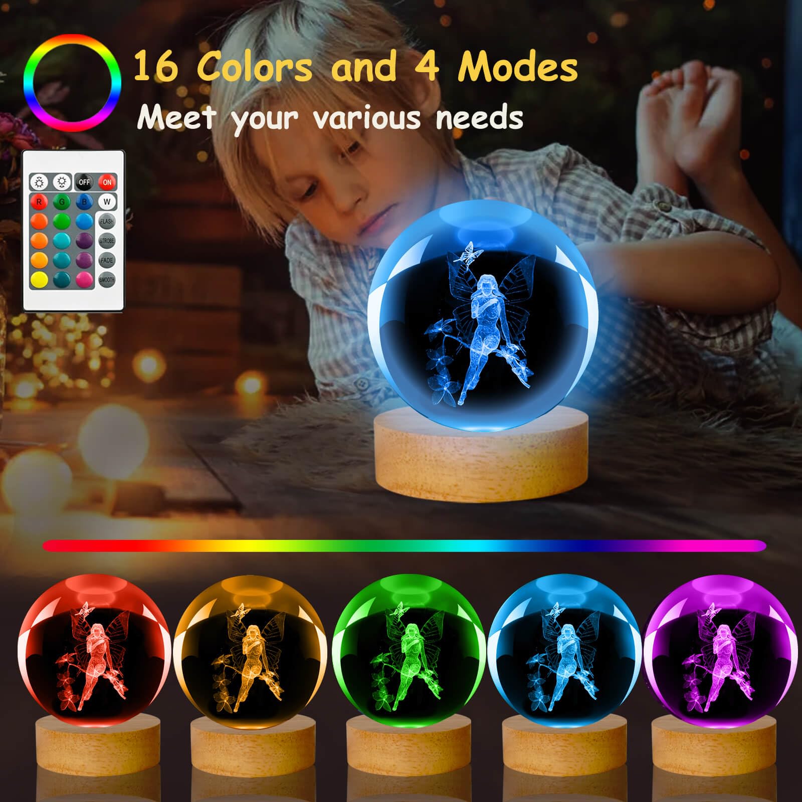 Linsina 3D Fairy Crystal Ball Lamp,60Mm 16 Colors Crystal Ball Night Light With Wooden Base And Remote Control, Fairy Gifts And
