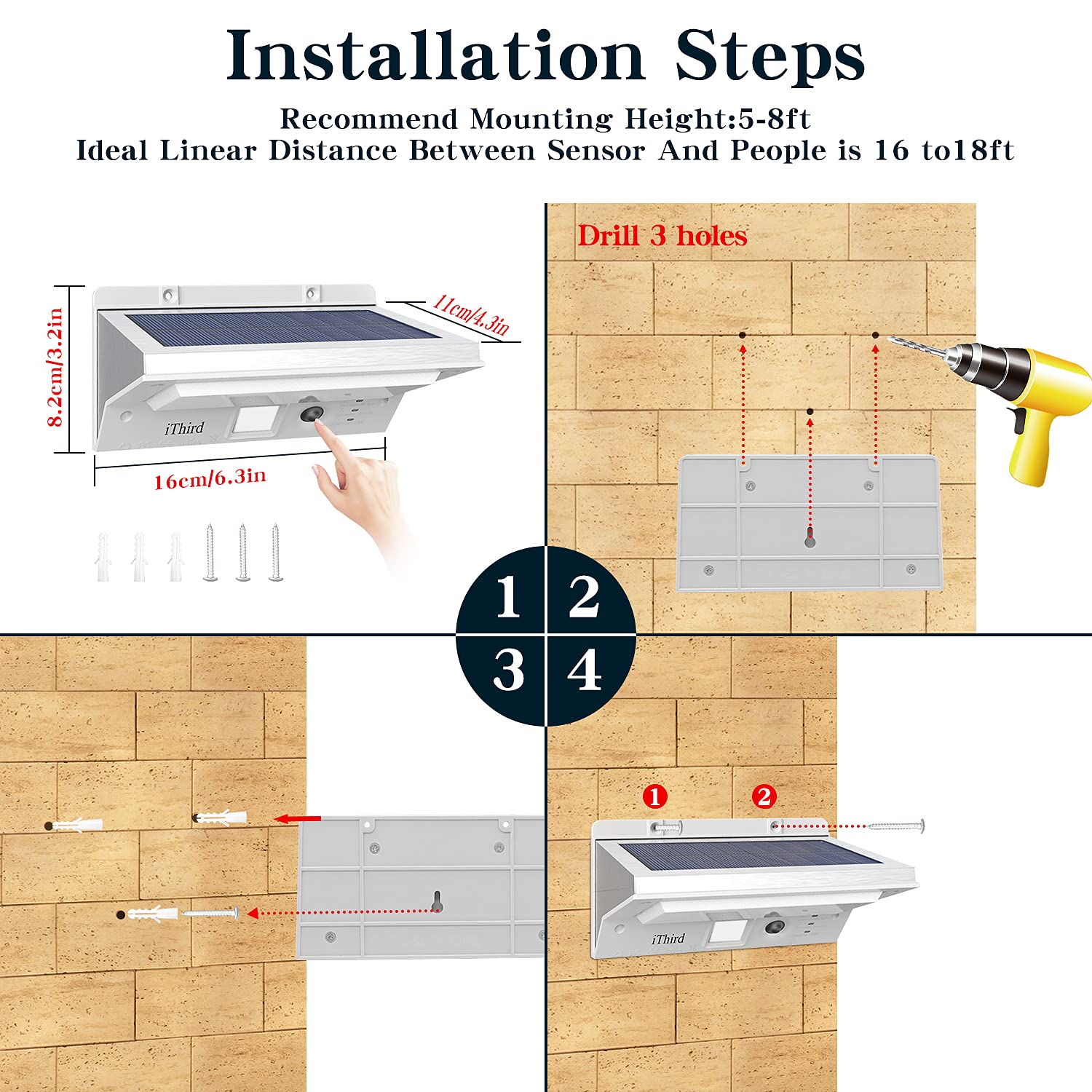 Ithird Solar Motion Sensor Light - Led Waterproof Outdoor Flood Light, Warm White, Stainless Steel, Model It-21, 1 Pack