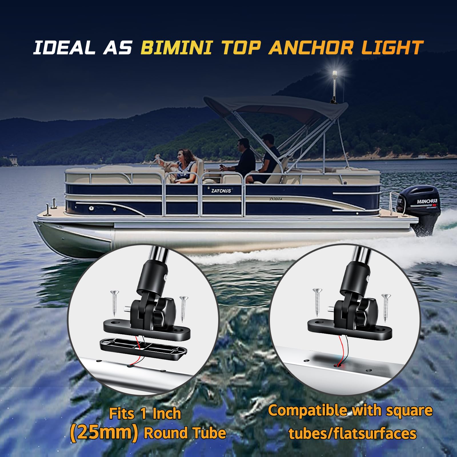 AMBIPASION Bimini Light for Pontoon Boat, 18" Waterproof LED Navigation & Anchor Light, Model APBAL002, White Fold Down Design