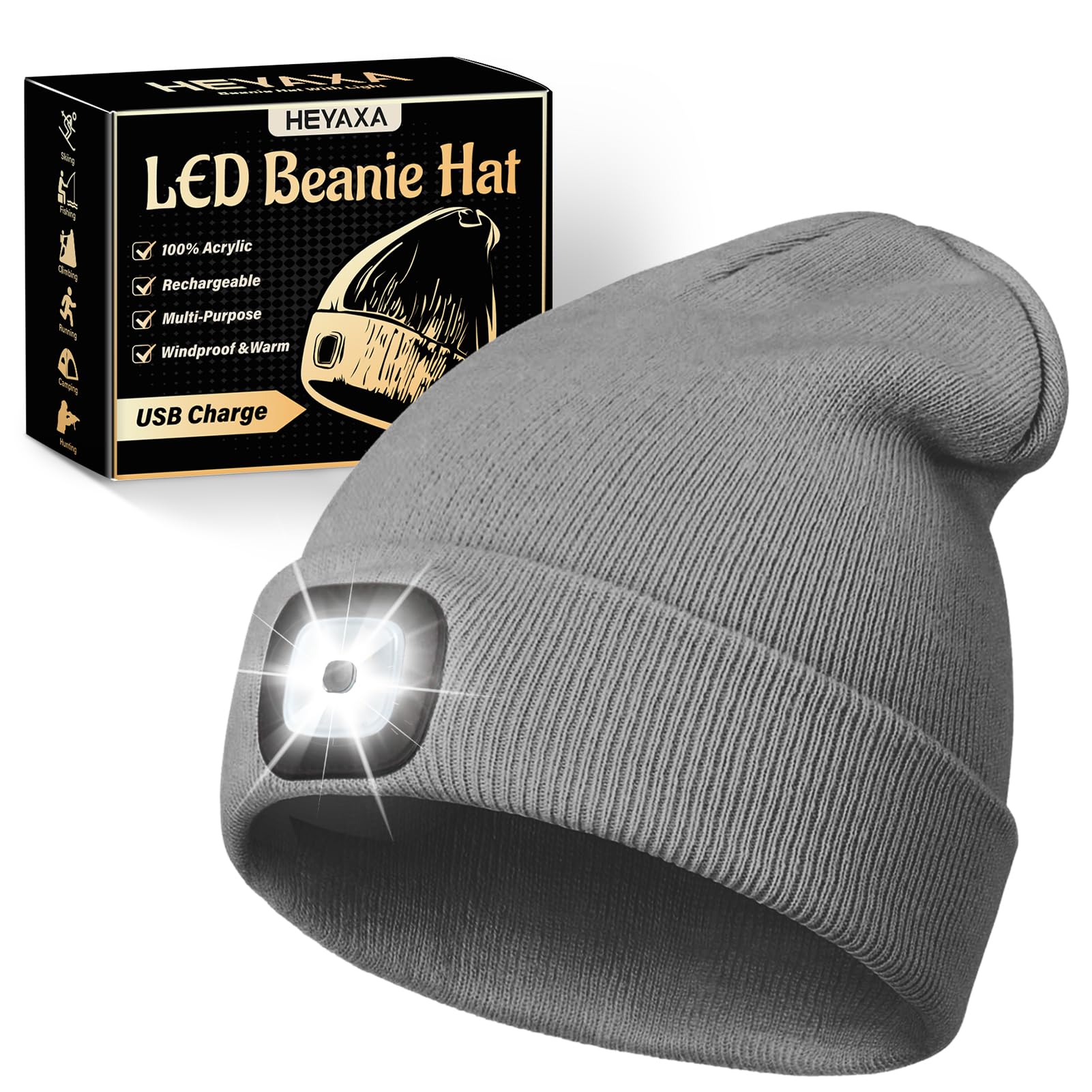 HEYAXA UniGender LED Beanie with Light  Rechargeable Headlamp Hat  Fathers Day Dad Gifts for Men  Warm Knitted Cap Birthday Gifts for Dad For Mature Userss Teens Men Women Him