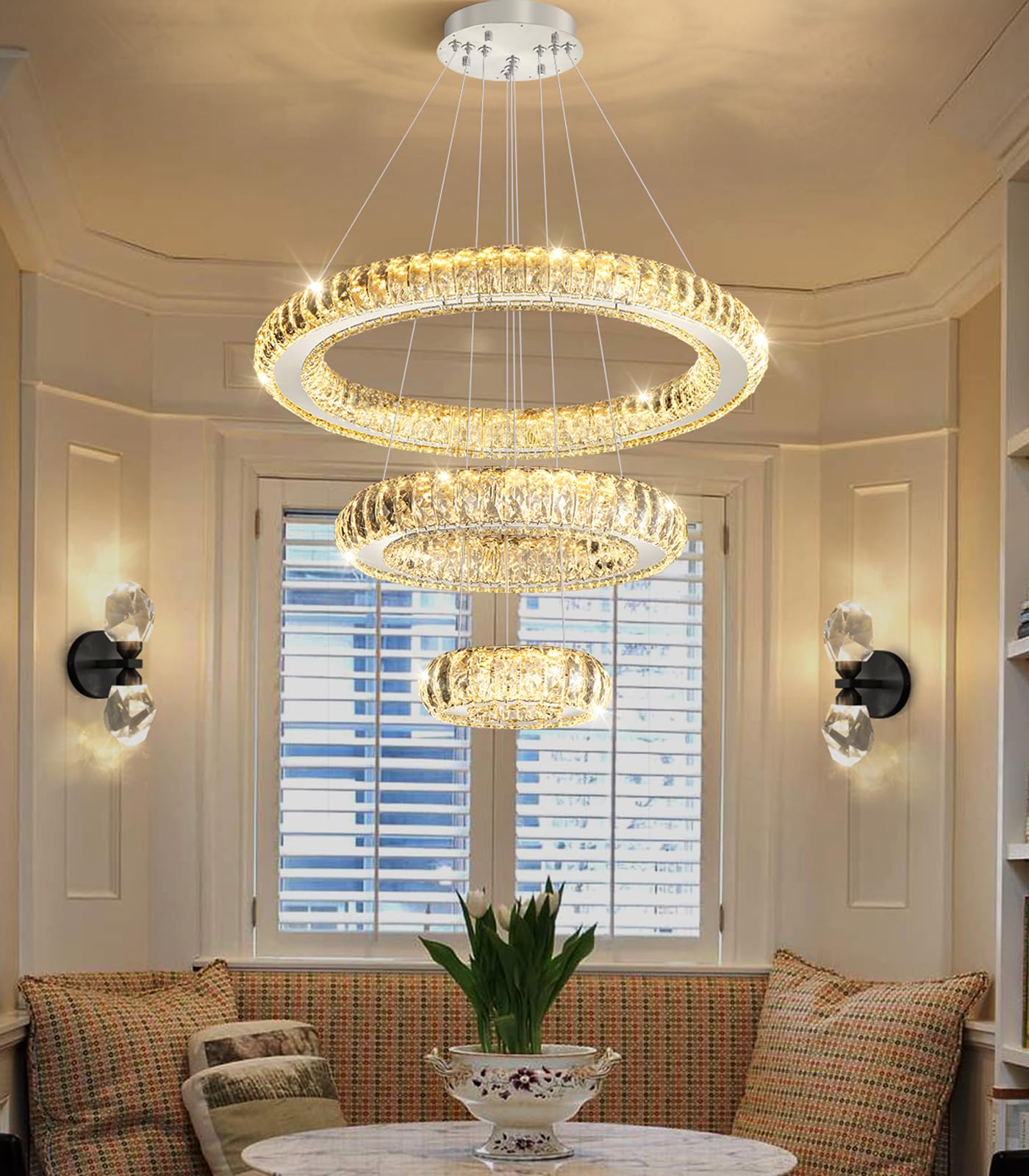 HAIXIANG 3 Rings LED Chandelier Modern Dimmable Dining Room Chanderliers Entryway Crystal Pendant Lights for Kitchen Bedroom Living Room Silver Light