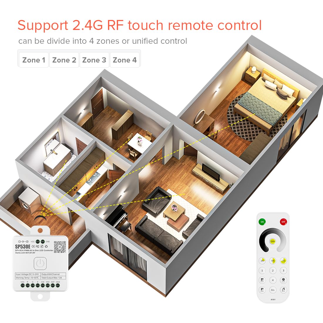 Btf-Lighting Sp530E Wifi Alexa Bluetooth Controller 4 Zones 2.4Ghz Dimming Rf Rb1 Remote Kit Support Fcob Cob Smd Pwm Or Spi Sin