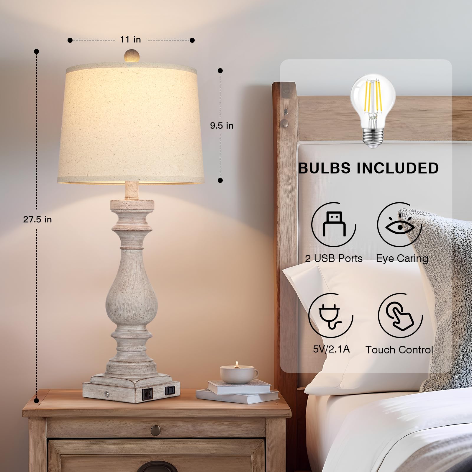 Rinweey 27.5'' Farmhouse Table Lamp For Living Room,Vintage Bedside Lamp With Usb C+A Ports & Ac Outlet,3-Way Dimmable Touch Con