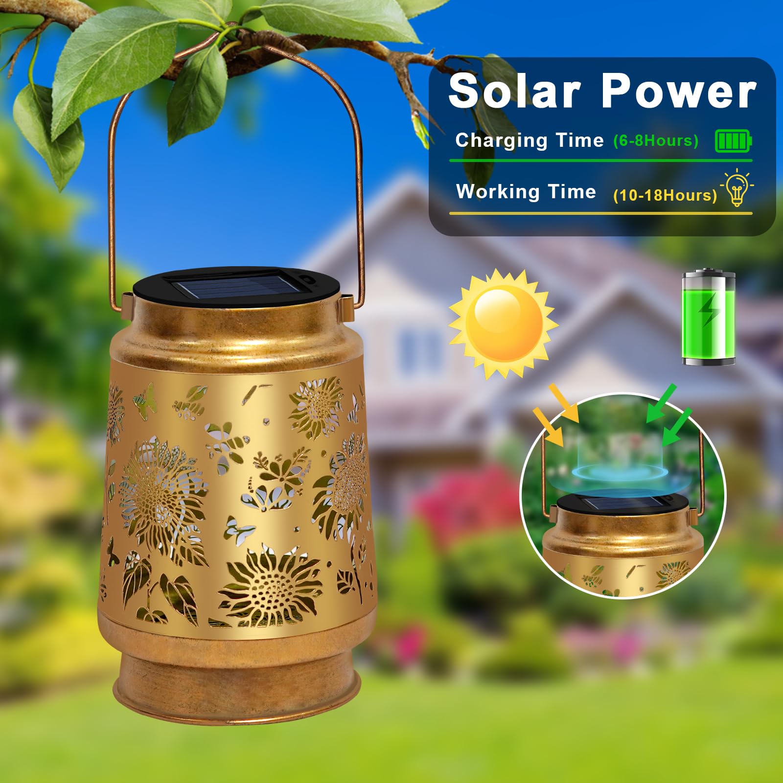 Solar Lanterns Outdoor Waterproof Hanging Solar Lights, Sunflower Garden Decor Birthday Gifts For Women Mom, Hanging Metal Garde