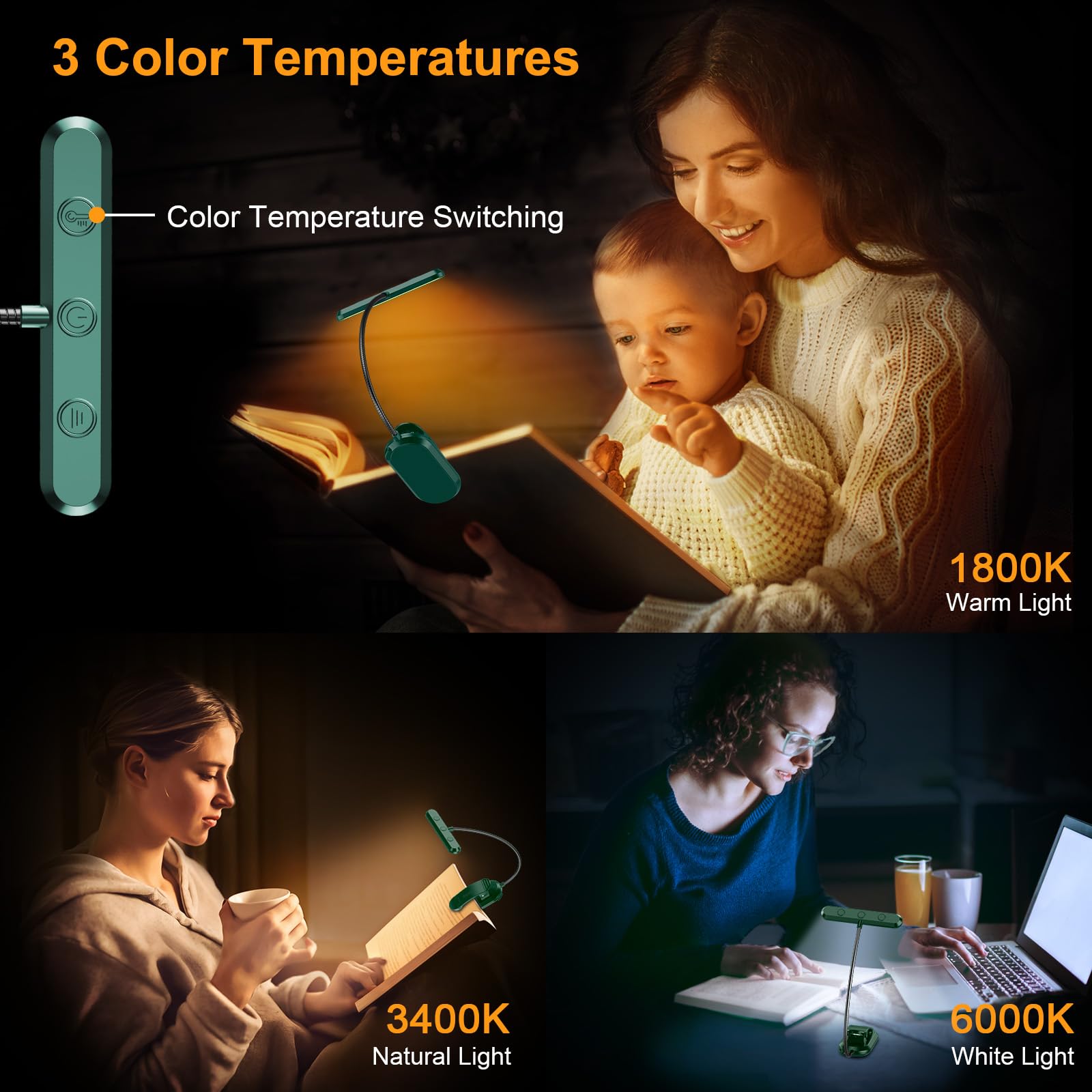 Gritin Rechargeable Book Light - 19 LED, 3 Color Temperatures, 5 Brightness Levels, Flexible Goose Neck, Dark Green, Model G1321