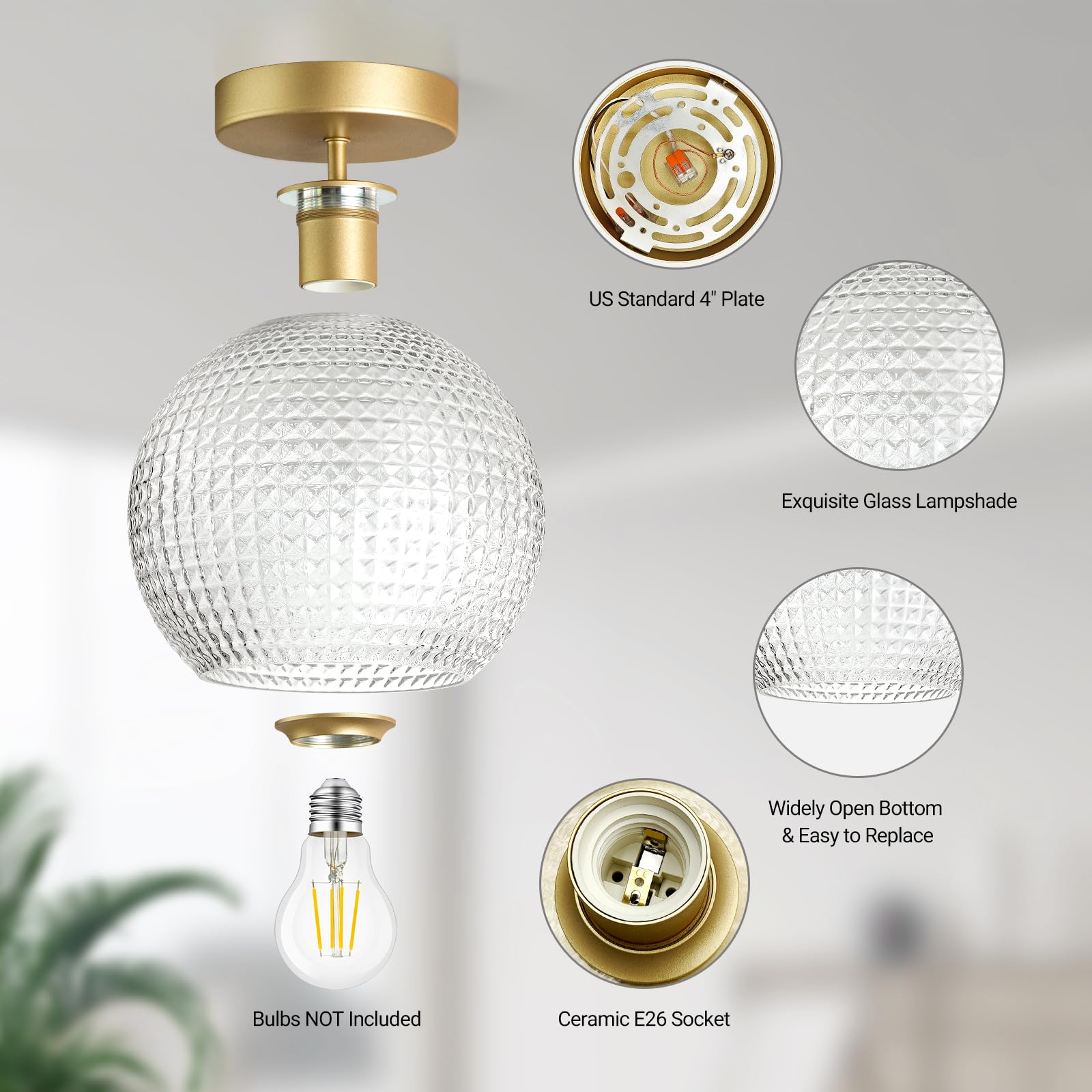 VANoopee Gold Semi Flush Mount Ceiling Light Fixture, Hallway Lighting Fixtures Ceiling, Vintage Close to Ceiling Light Fixture,