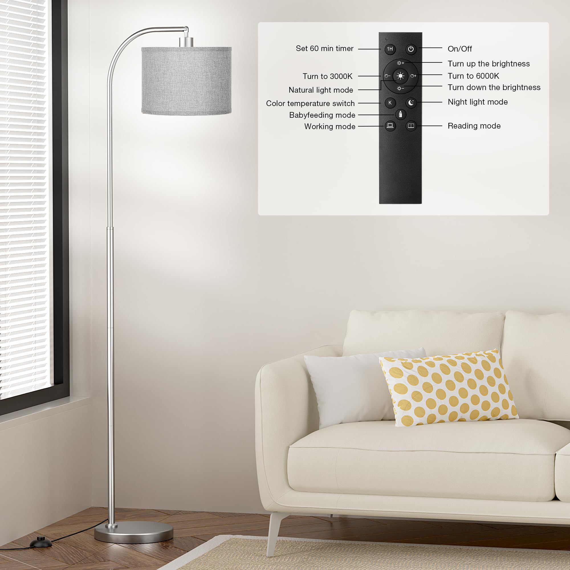 Ambimall Arc Floor Lamp With Remote And Stepless Dimmable Bulb, Colors Temperature & Brightness Adjustable, Silver Floor Lamps F