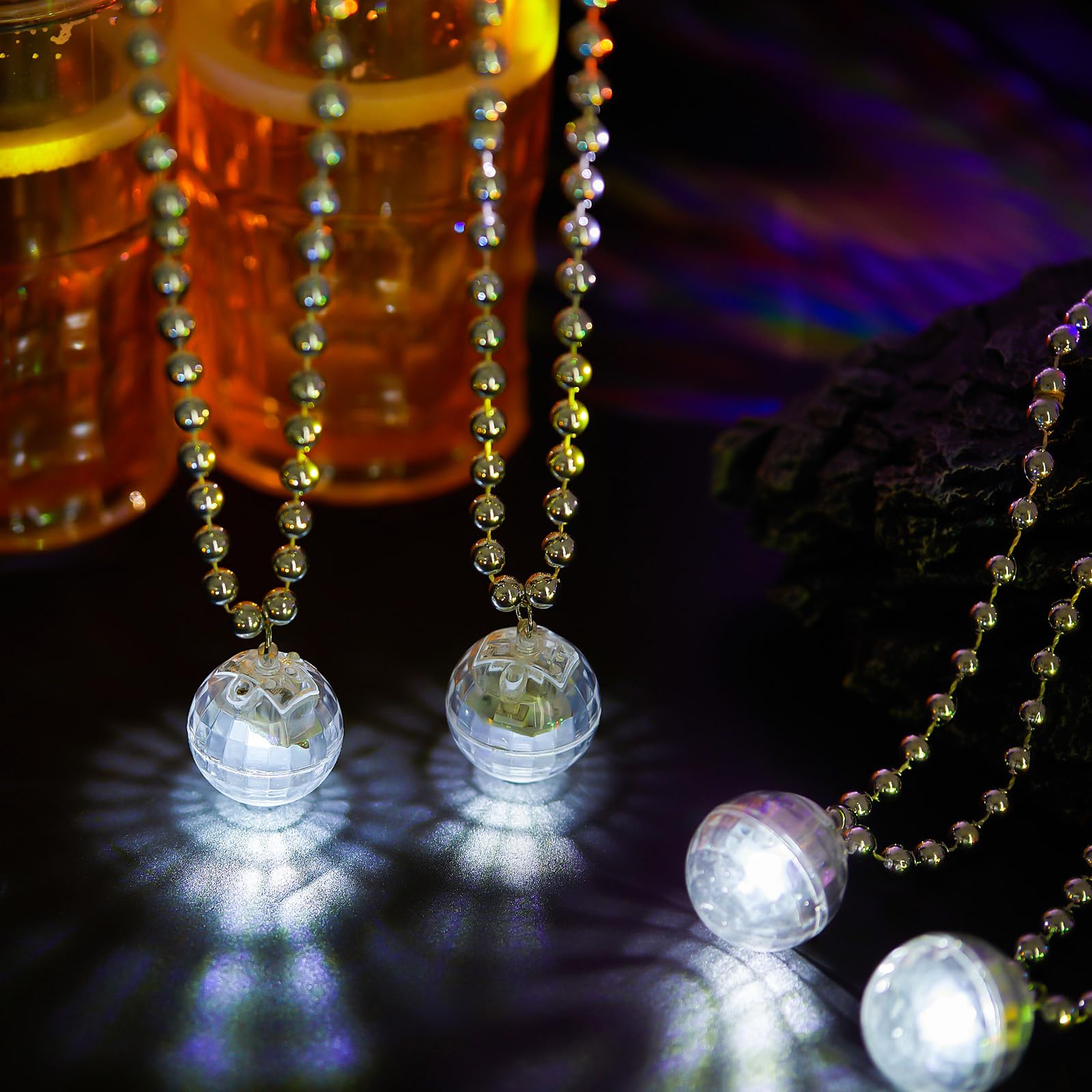 Henoyso LED Disco Ball Necklaces - 24 Pcs Light Up Beads for Mardi Gras & Parties - Silver, White Light