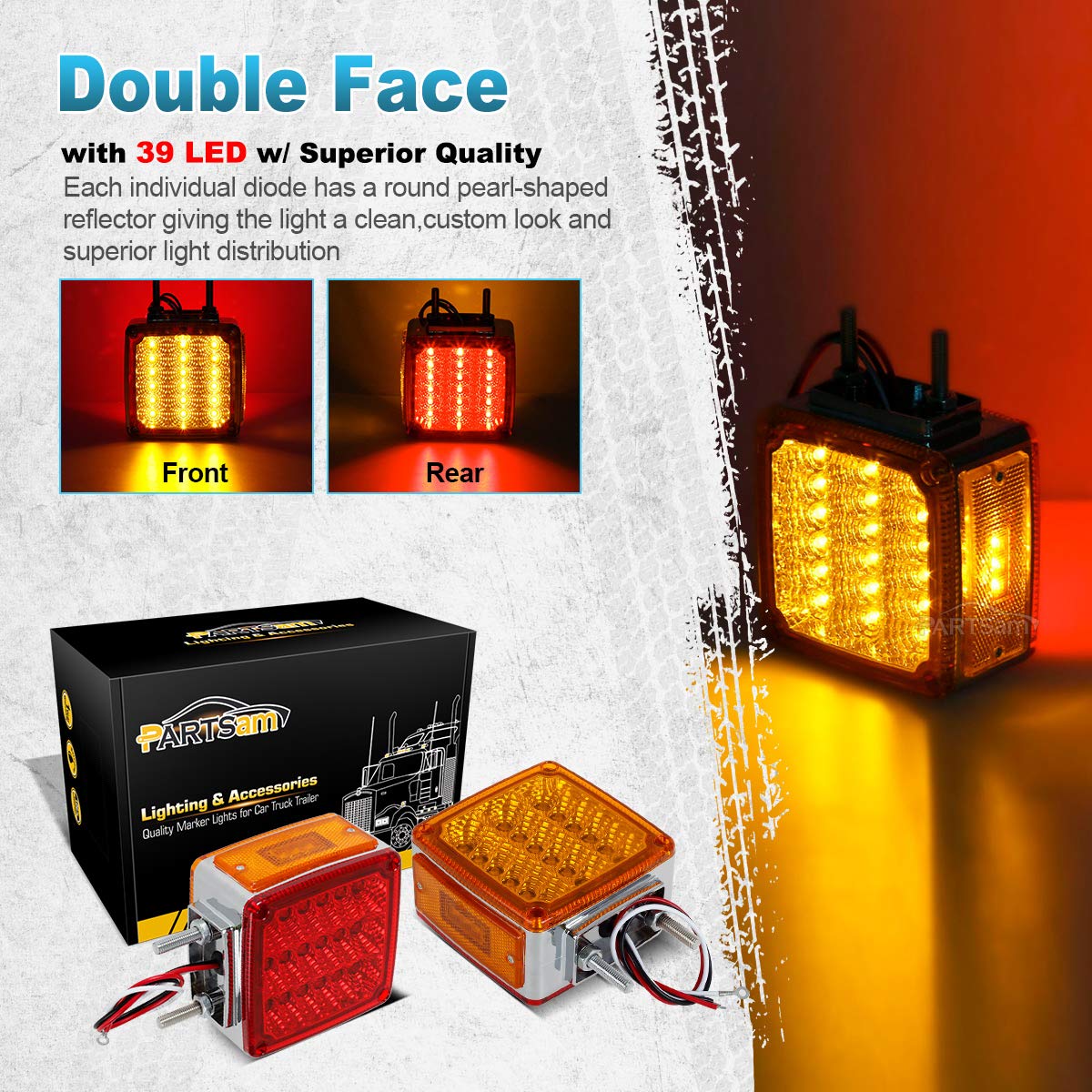 Partsam 2x Truck Trailer Square Double Face Pedestal Stop Turn Tail Light Amber/Red 39 LED for Trucks
