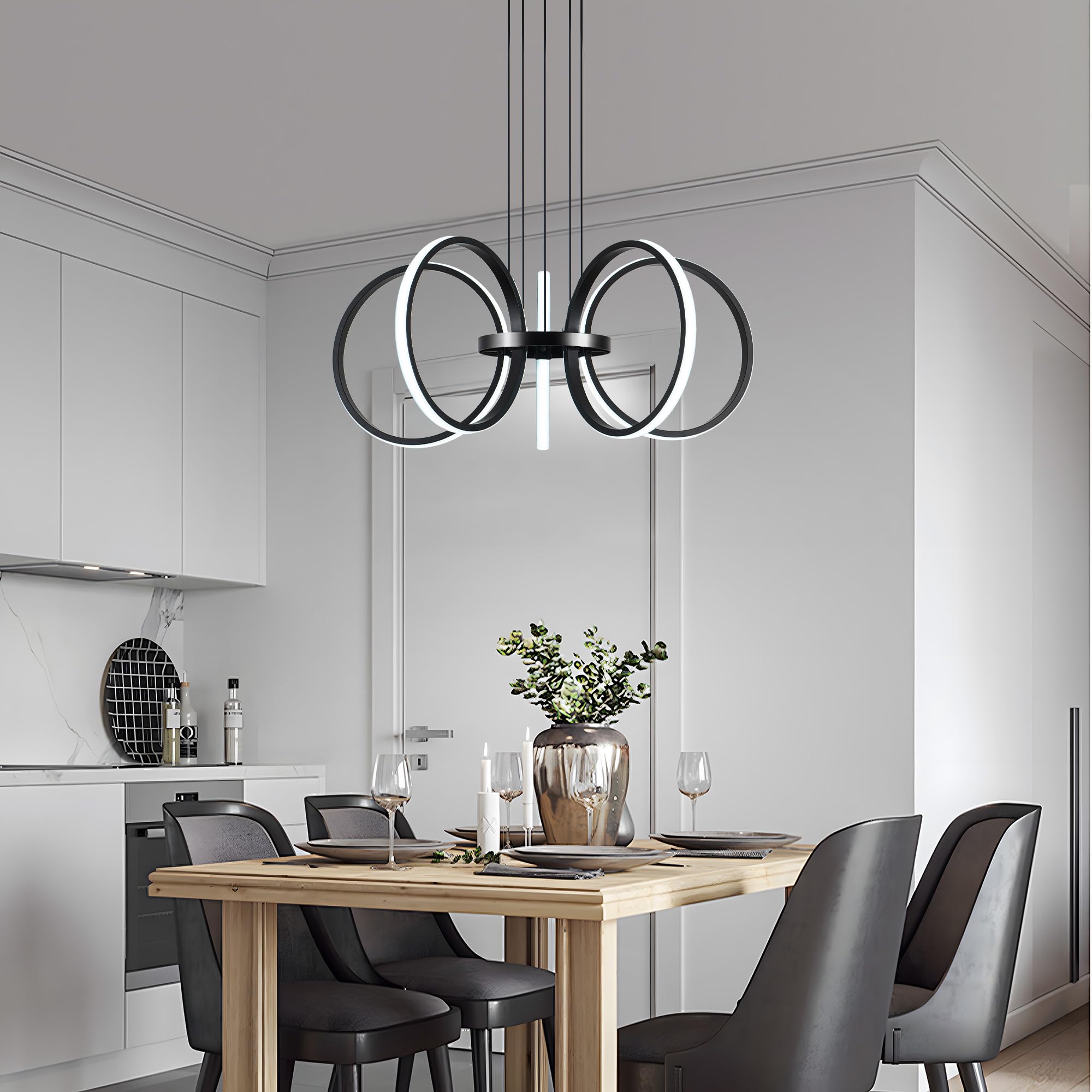 Mayful Modern Led Chandelier, Black Pendant Light With 5 Rings, Adjustable Height Modern Chandeliers For Dining Room Living Room