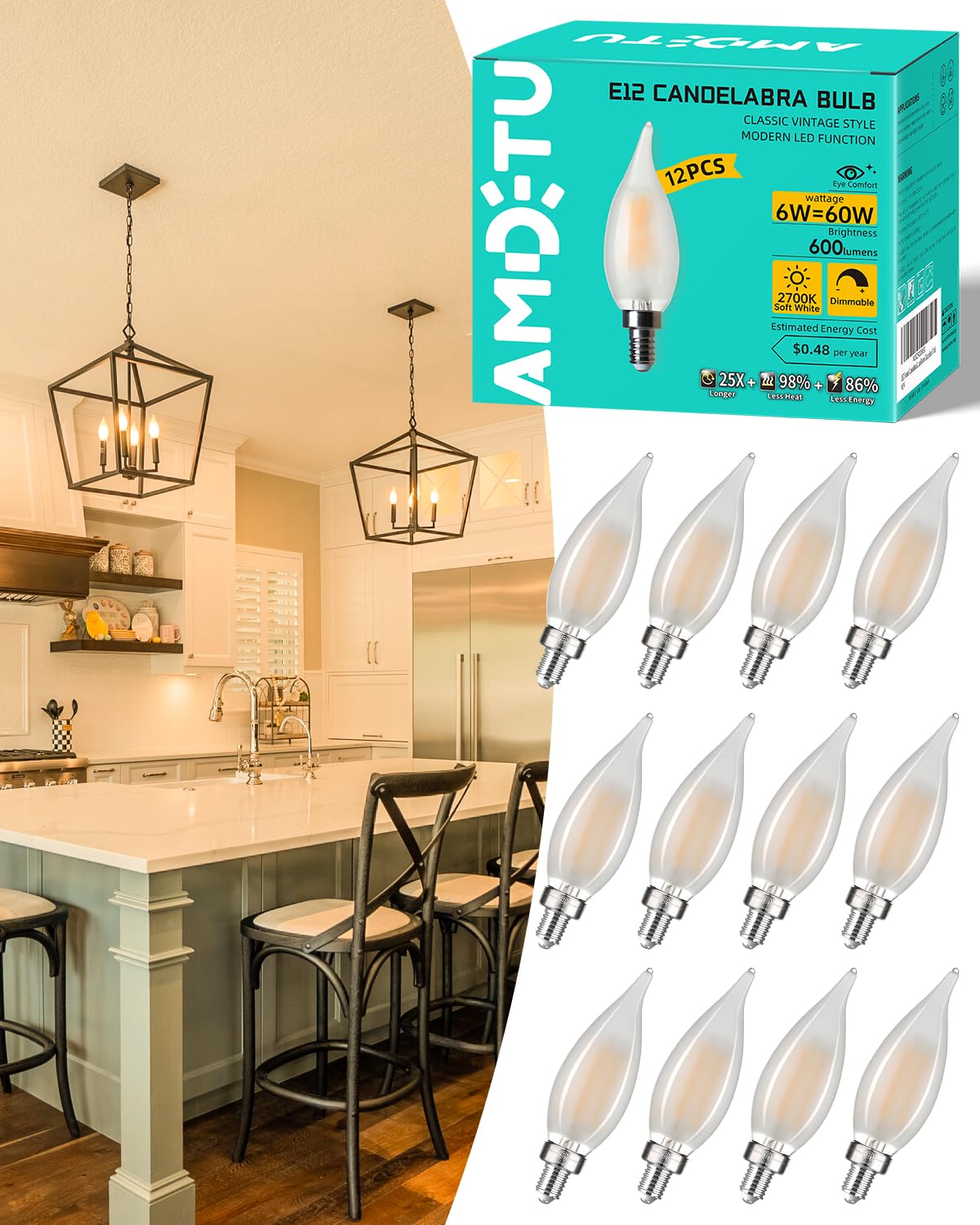 Frosted Led Candelabra Bulb E12 Small Base, 60 Watt Equivalent 2700K Soft White Ca10 Candle Dimmable Chandelier Light, Long-Last