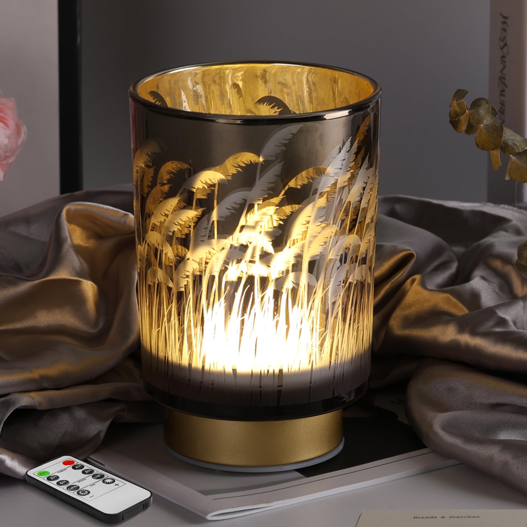 Eywamage Small Battery Operated Table Lamp with Remote, Pampas Cordless Glass Accent Lamp Lights for Bedroom Kitchen Living Room