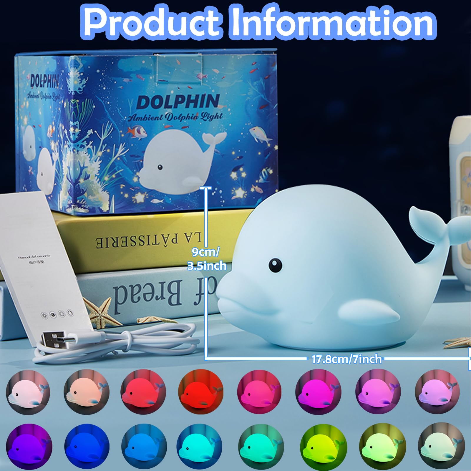 NCBNCB Dolphin Night Light for Kids Cute Night Light,16 Colors Silicone Dimmable Baby Night Lights for Nursery, Rechargeable Nig