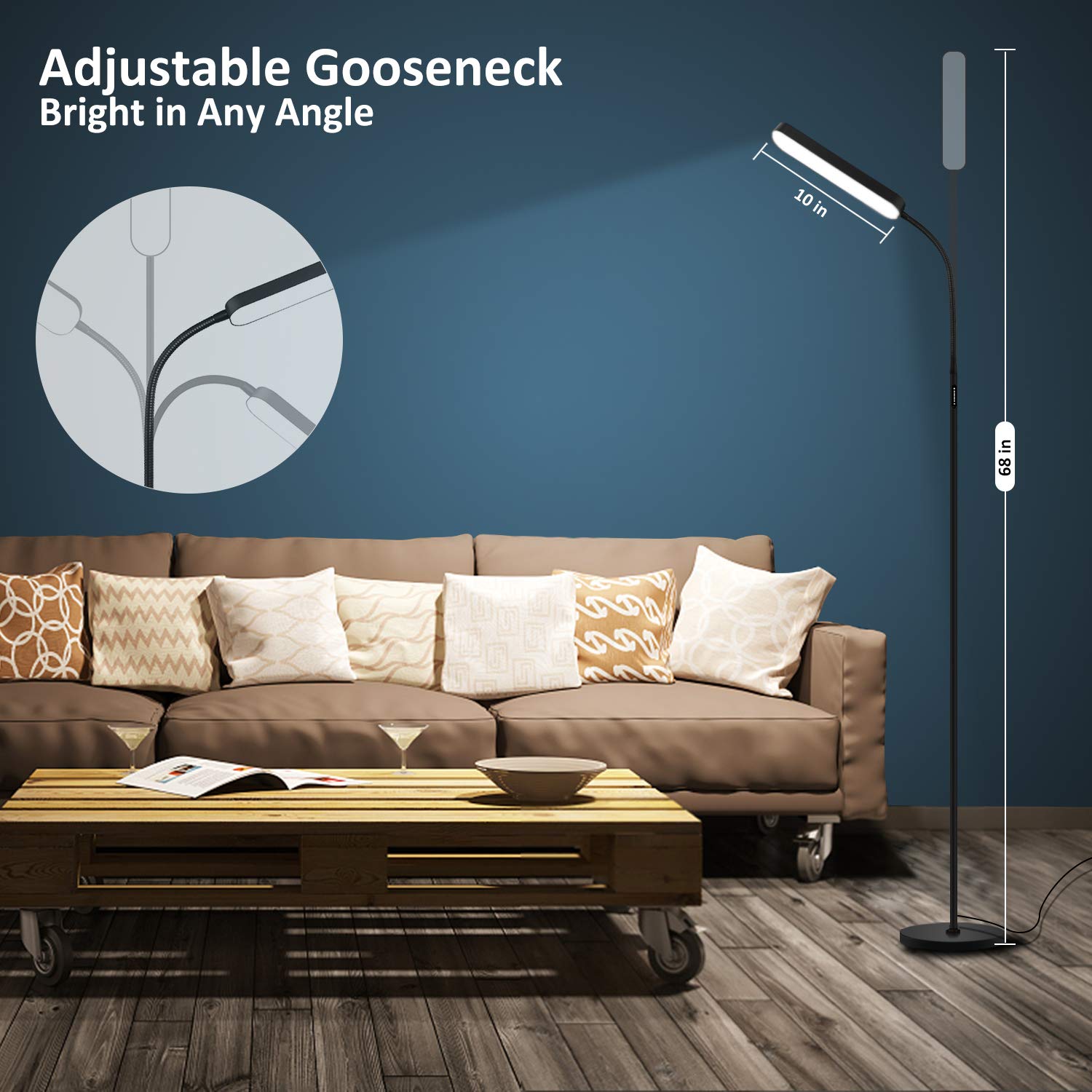Led Floor Lamp with 4 Color Temperature and Stepless Dimmer, Remote and Touch Control Floor Lamp, Adjustable Gooseneck Standing