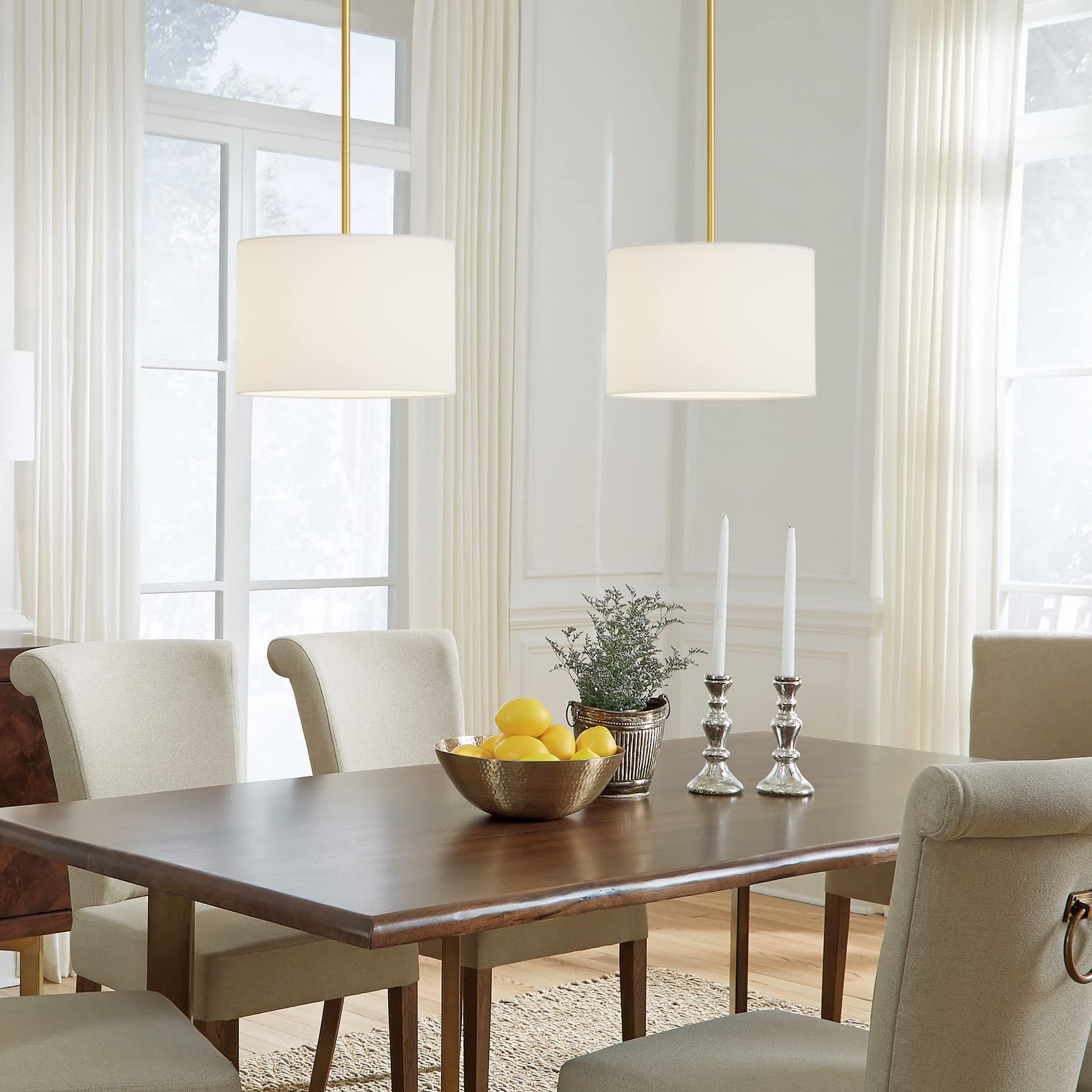 Electro Bp;9'' Dia White Linen Drum Shade Hanging Pendant Light Fixture With Polished Gold Pole Kit,E26,Hardwired,2-Pack;