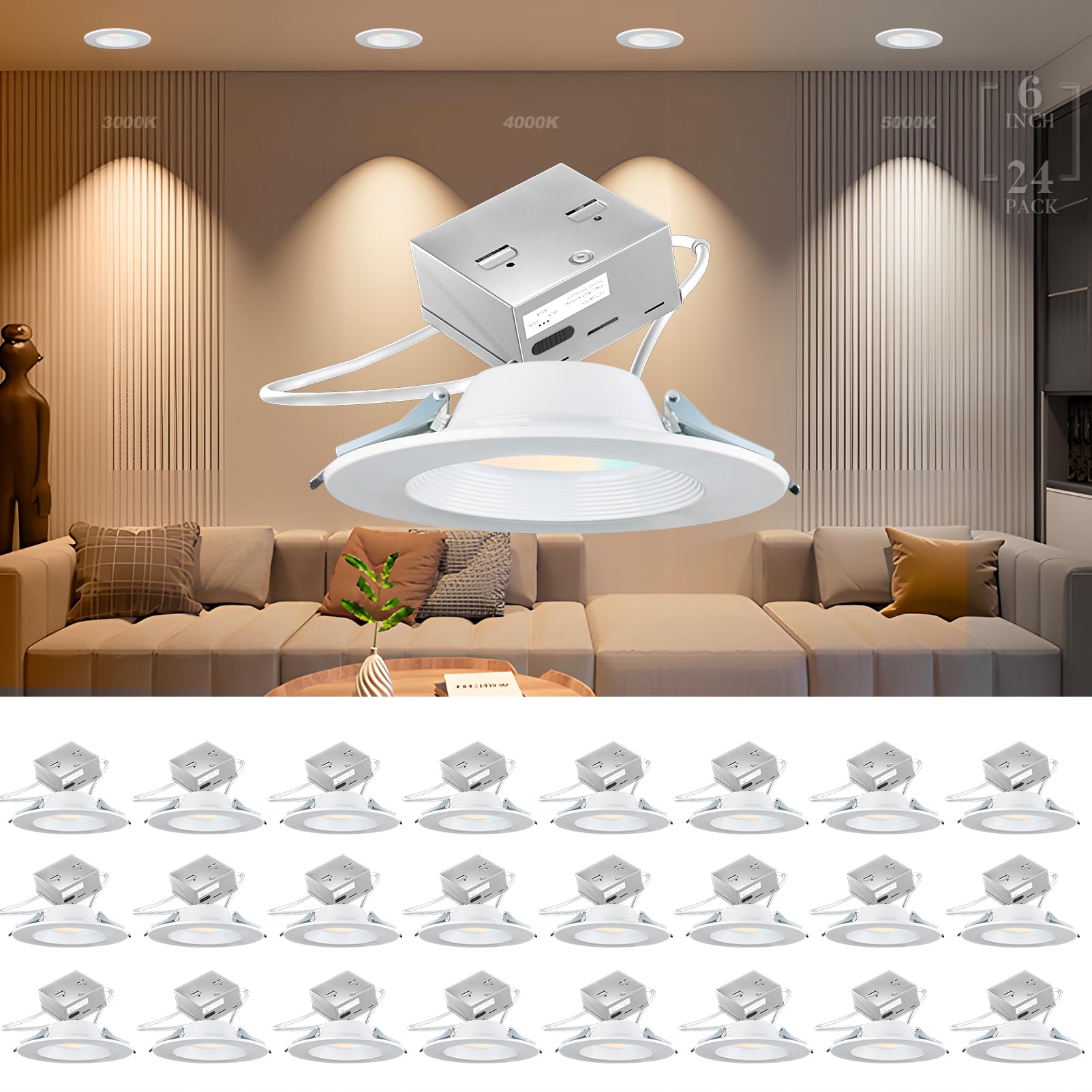Lightdot 6 Inch Recessed Lighting 24 Pack White  12W Dimmable Led Downlight 3Cct Selectable (3000K/4000K/5000K)  Anti-Glare Slim Canless Ceiling Light